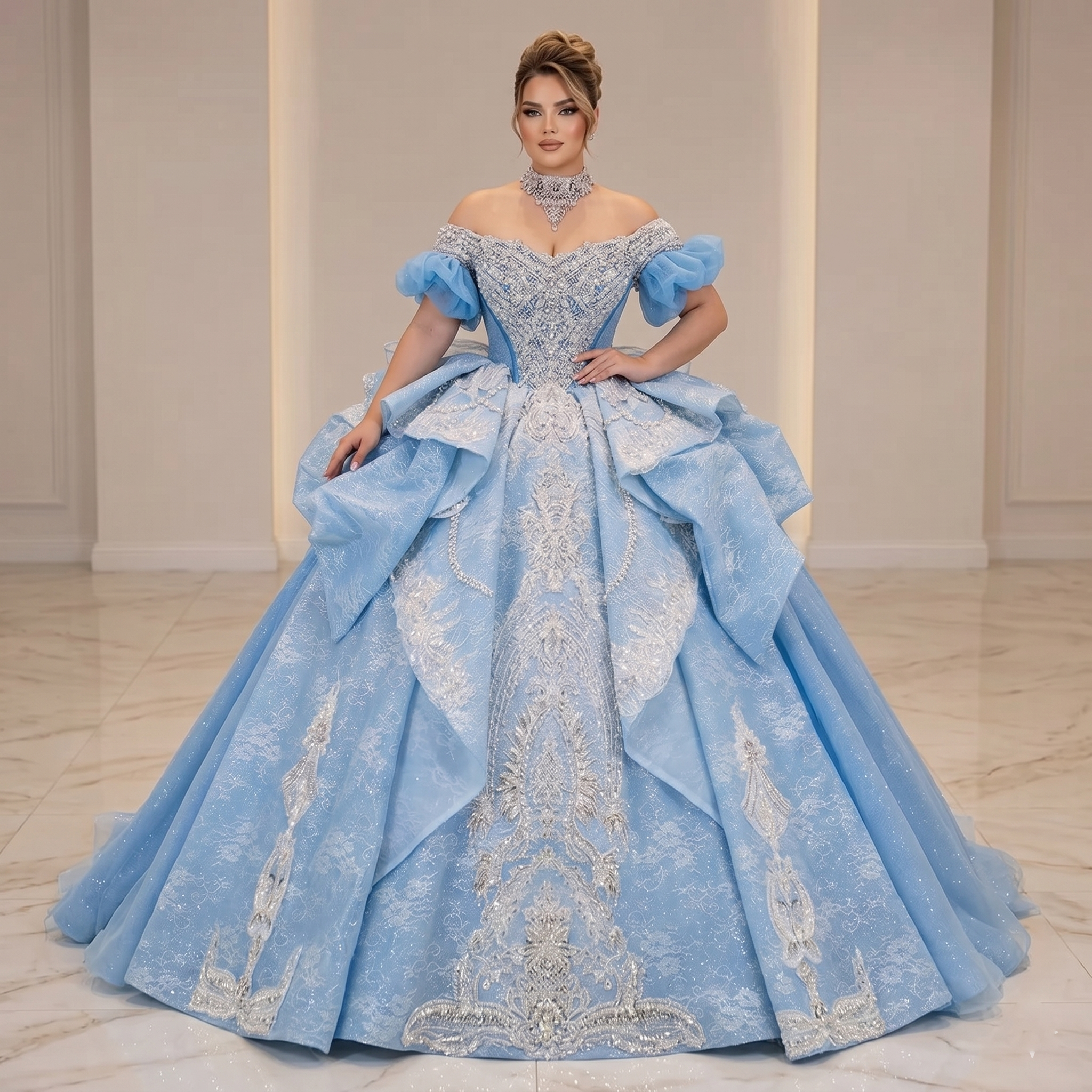 Model showcasing an elaborate light blue colored wedding dress featuring a heavily beaded silver bodice, sweetheart neckline, and a structured, layered overskirt.