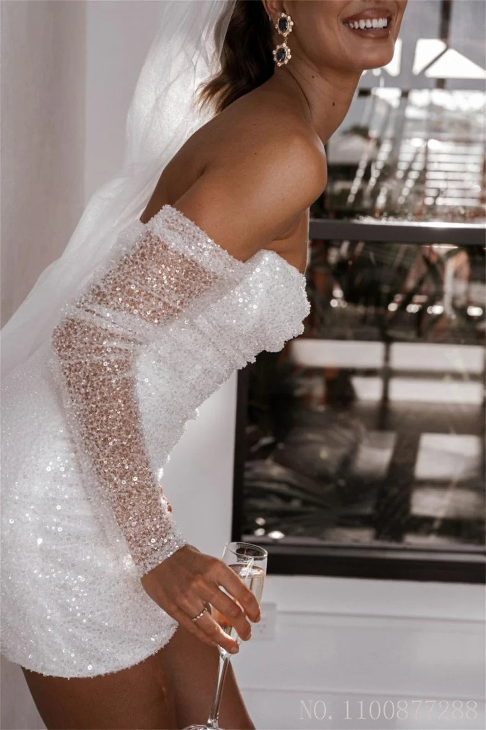 Simple Off Shoulder Sequins Glitter Wedding Dress See-through Short Mi – Elsi John