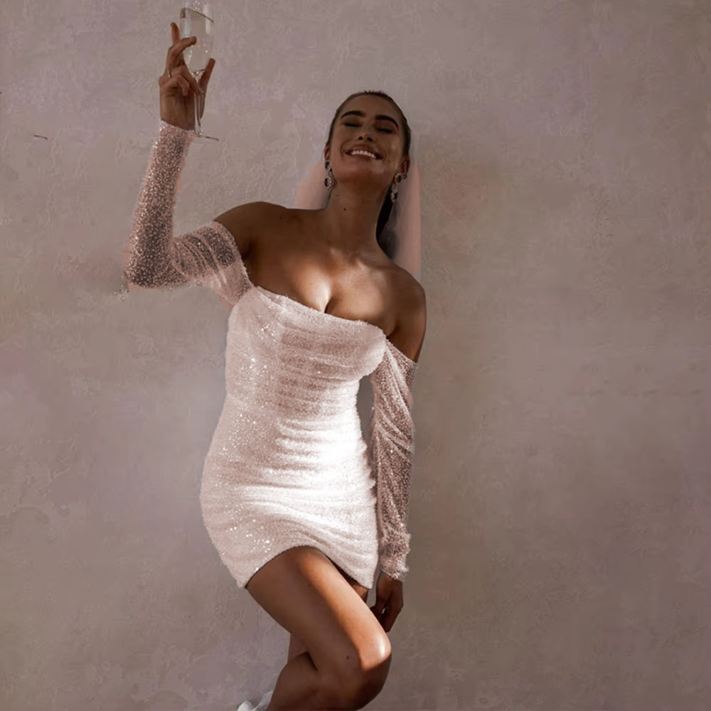 Simple Off Shoulder Sequins Glitter Wedding Dress See-through Short Mi – Elsi John