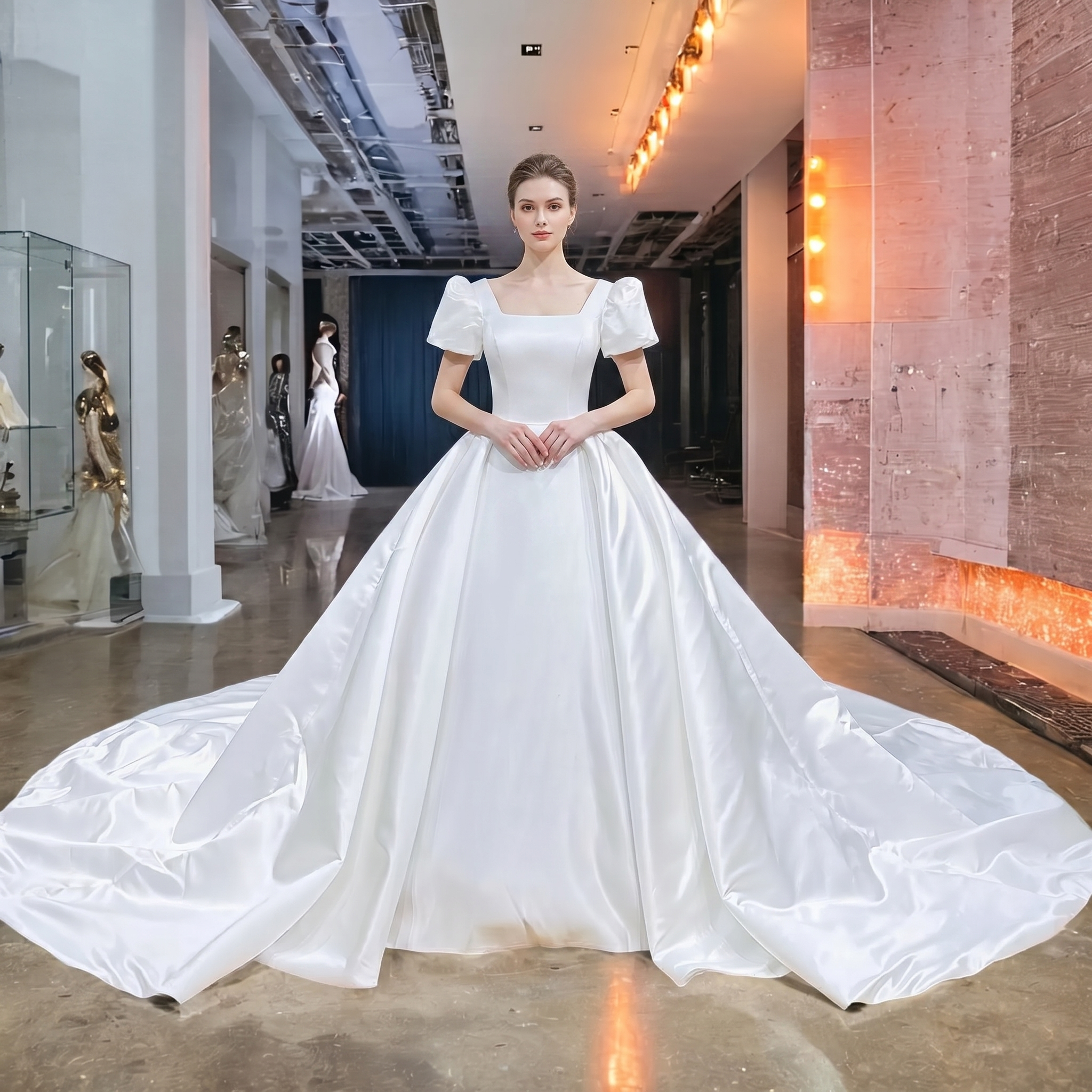 Elegant model wearing a white square neck satin ball gown wedding dress with modest short sleeves and a voluminous skirt in a luxury bridal showroom.