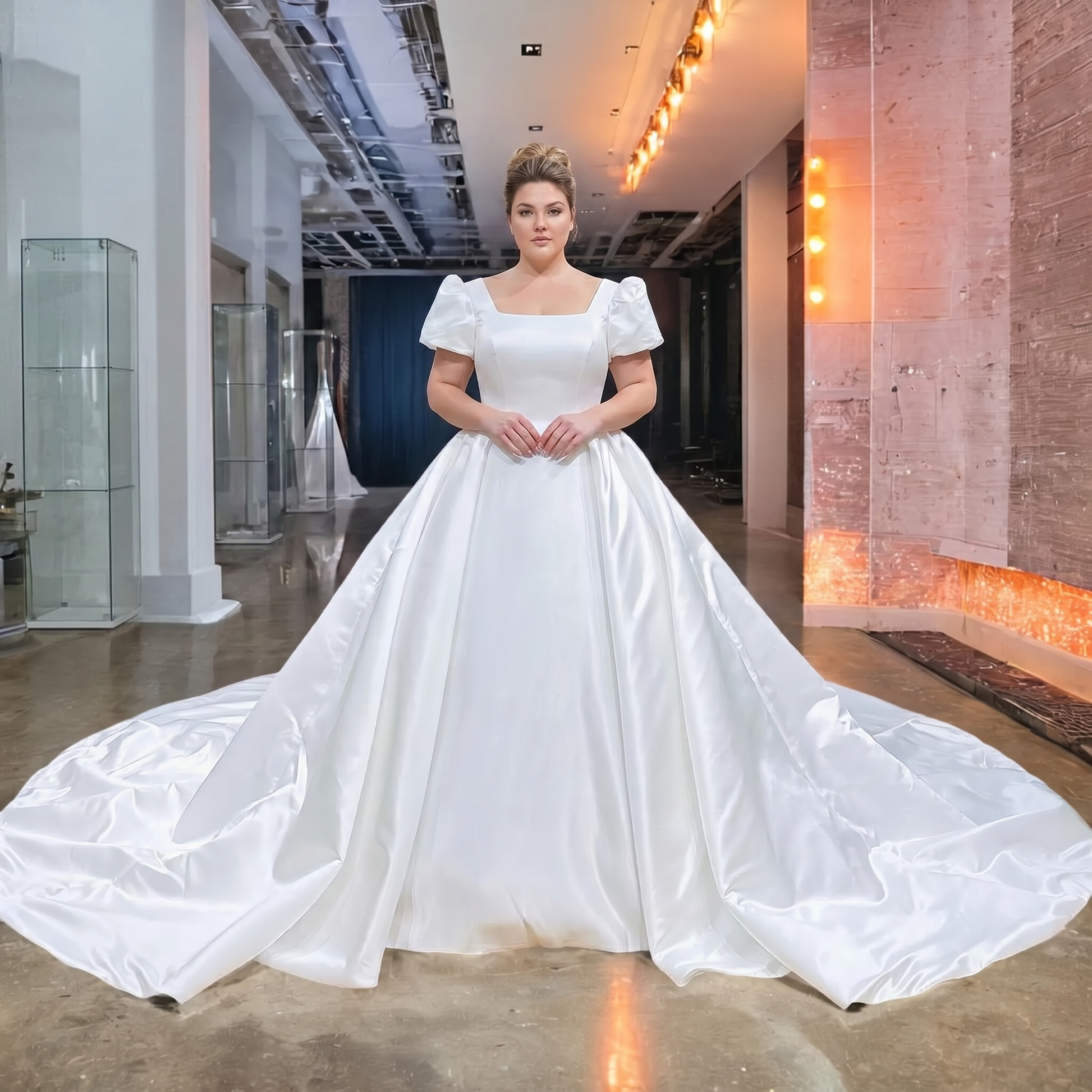 Full-length front perspective of a plus-size bride showcasing a sophisticated square neck satin wedding dress featuring short puff sleeves and a grand ball gown silhouette.