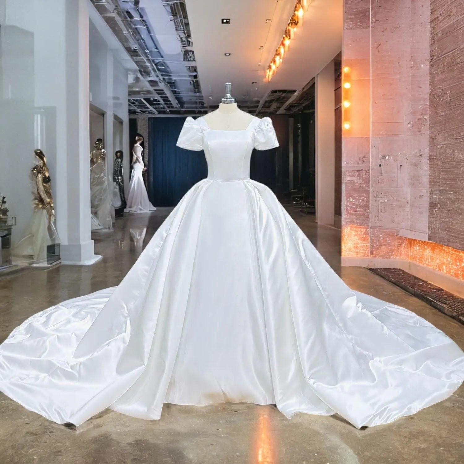 Showroom display of a white satin ball gown on a mannequin, highlighting the clean lines of the square neckline, short sleeves, and expansive, floor-length skirt.