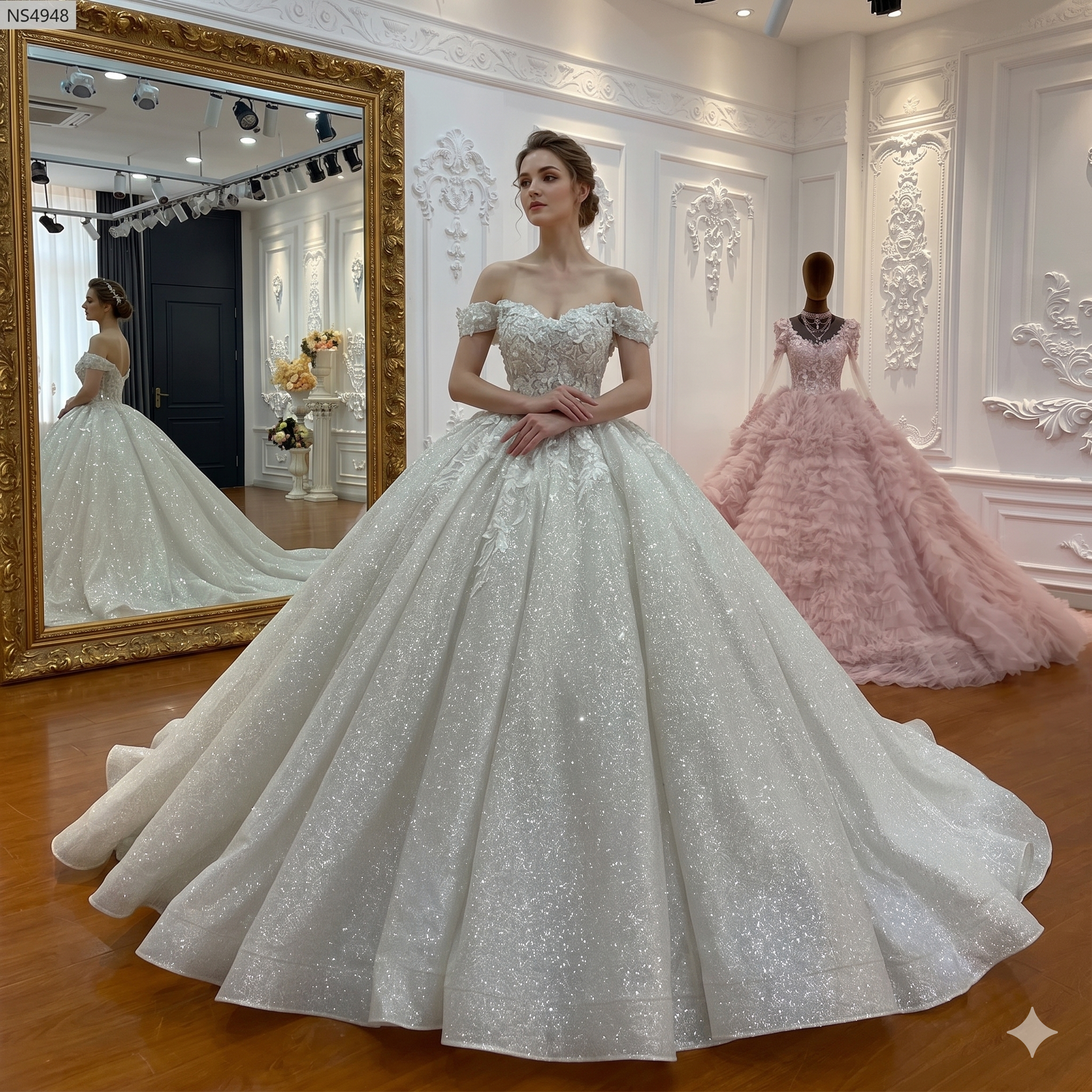 Full-length view of an elegant off-the-shoulder strap wedding dress with a sparkling ball gown skirt and 100cm train.