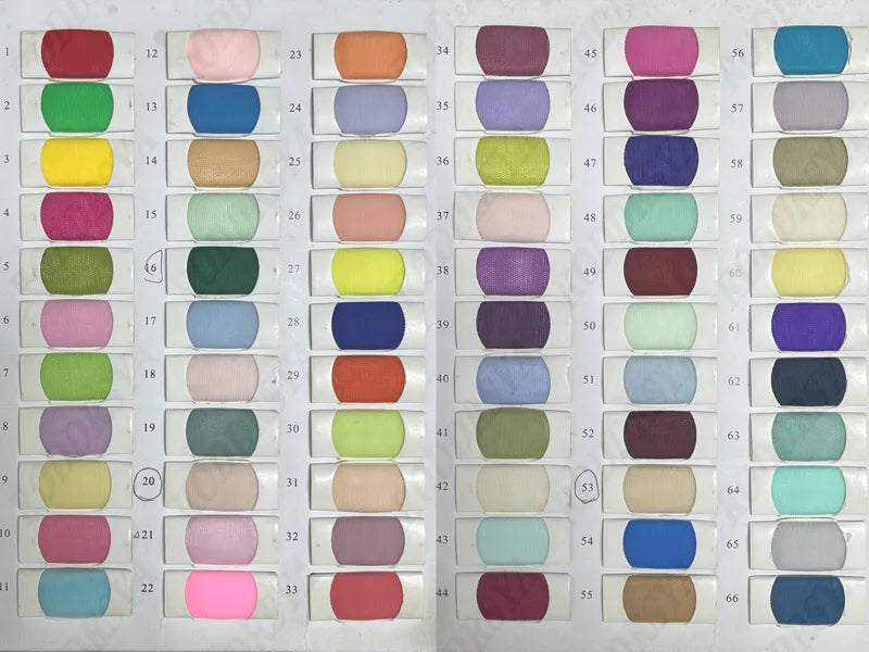 Fabric color swatch chart for custom bridal gowns, displaying a wide variety of available colors for your luxury wedding dress.