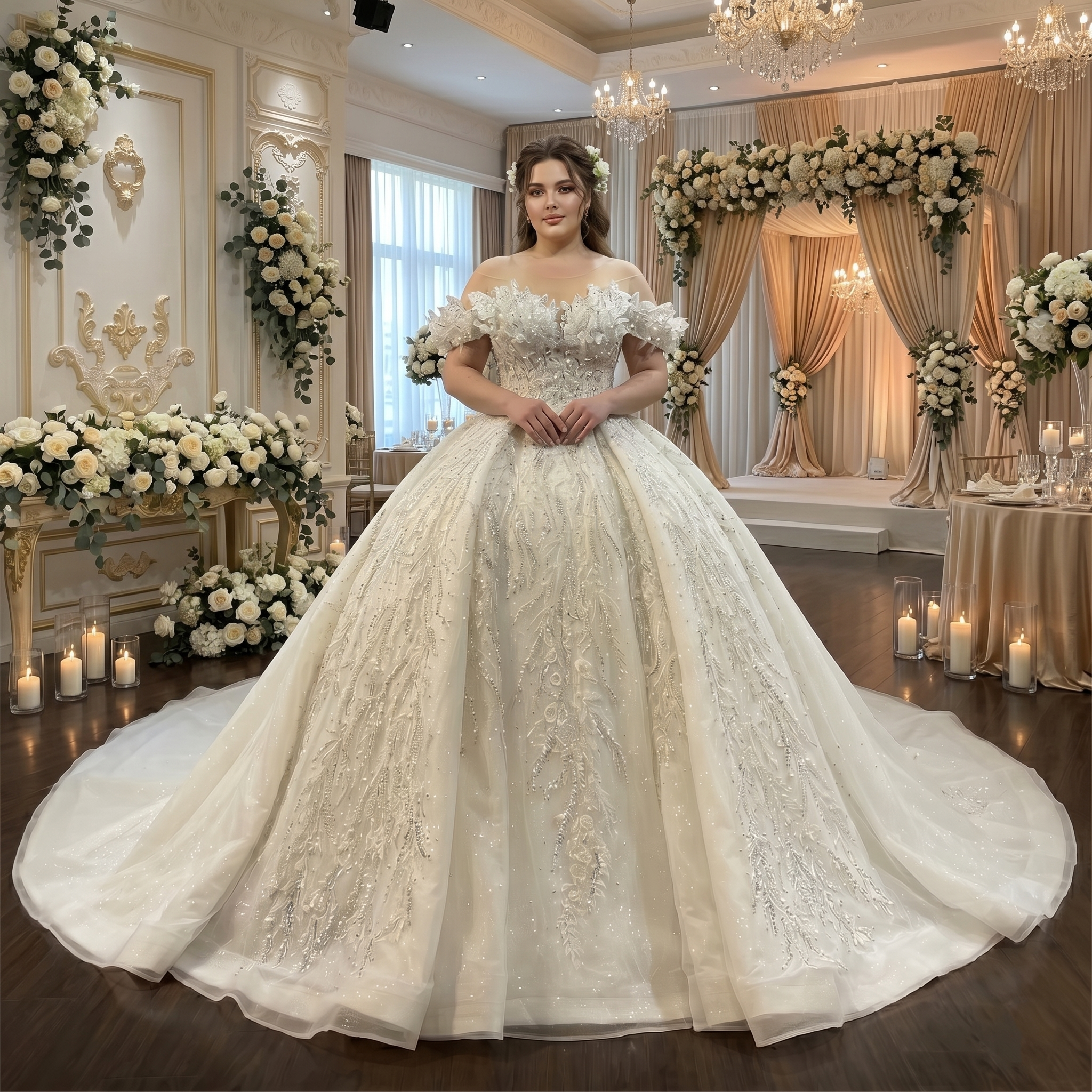 A bride wearing a stunning strapless lace appliqué off-the-shoulder ball gown wedding dress with a full, embellished skirt, set in an elegant, flower-decorated venue.
