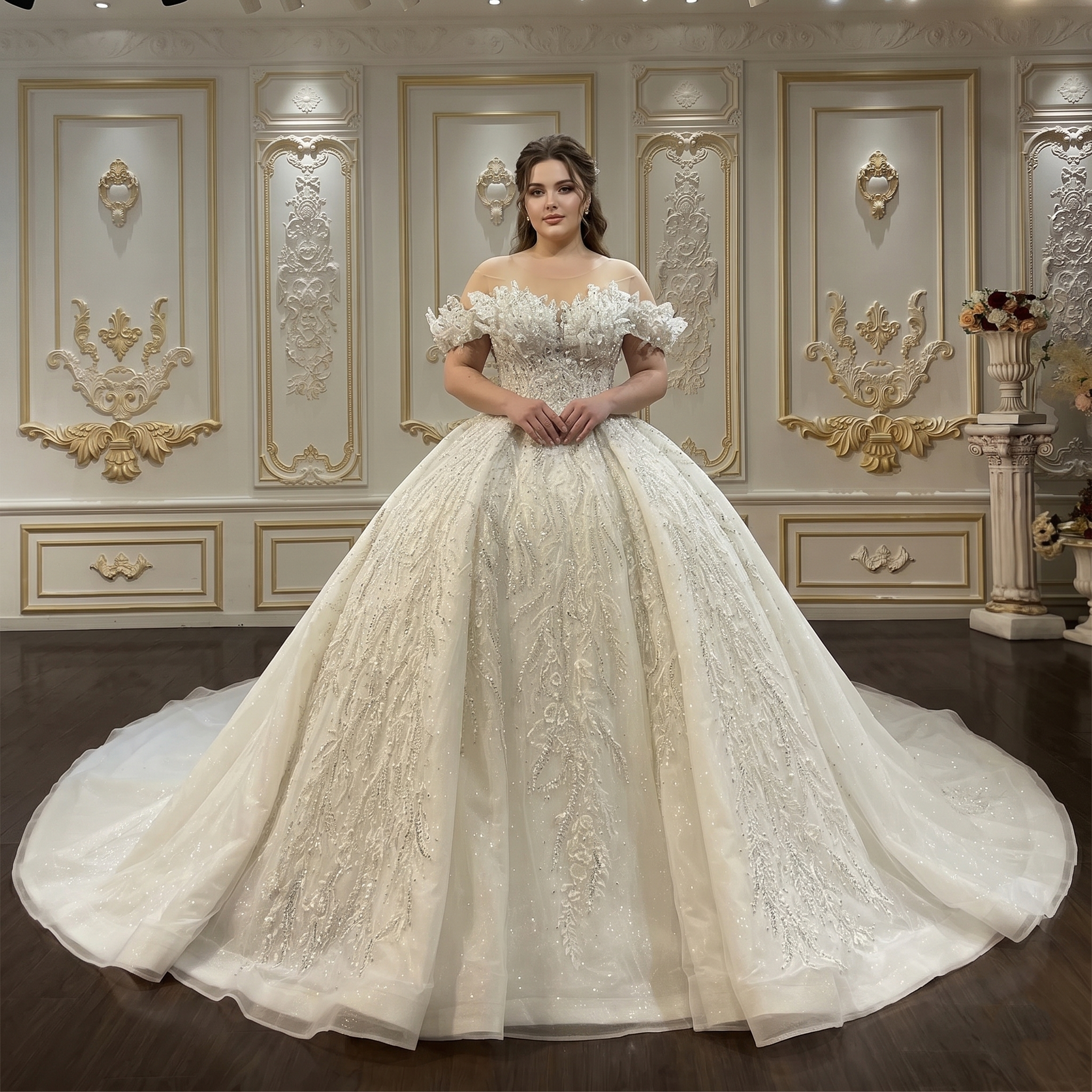 A full-length shot of a beautiful off-the-shoulder ball gown wedding dress featuring intricate lace appliqué, a grand full skirt, and classic elegant wall molding in the background.