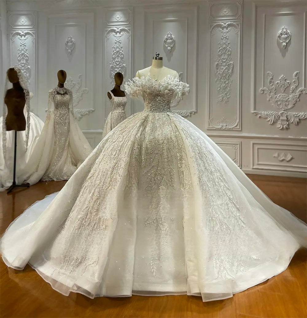 Front-facing shot of an off-the-shoulder ball gown bridal dress showcasing a grand skirt with cascading vertical lace appliqués and shimmering silver embroidery.