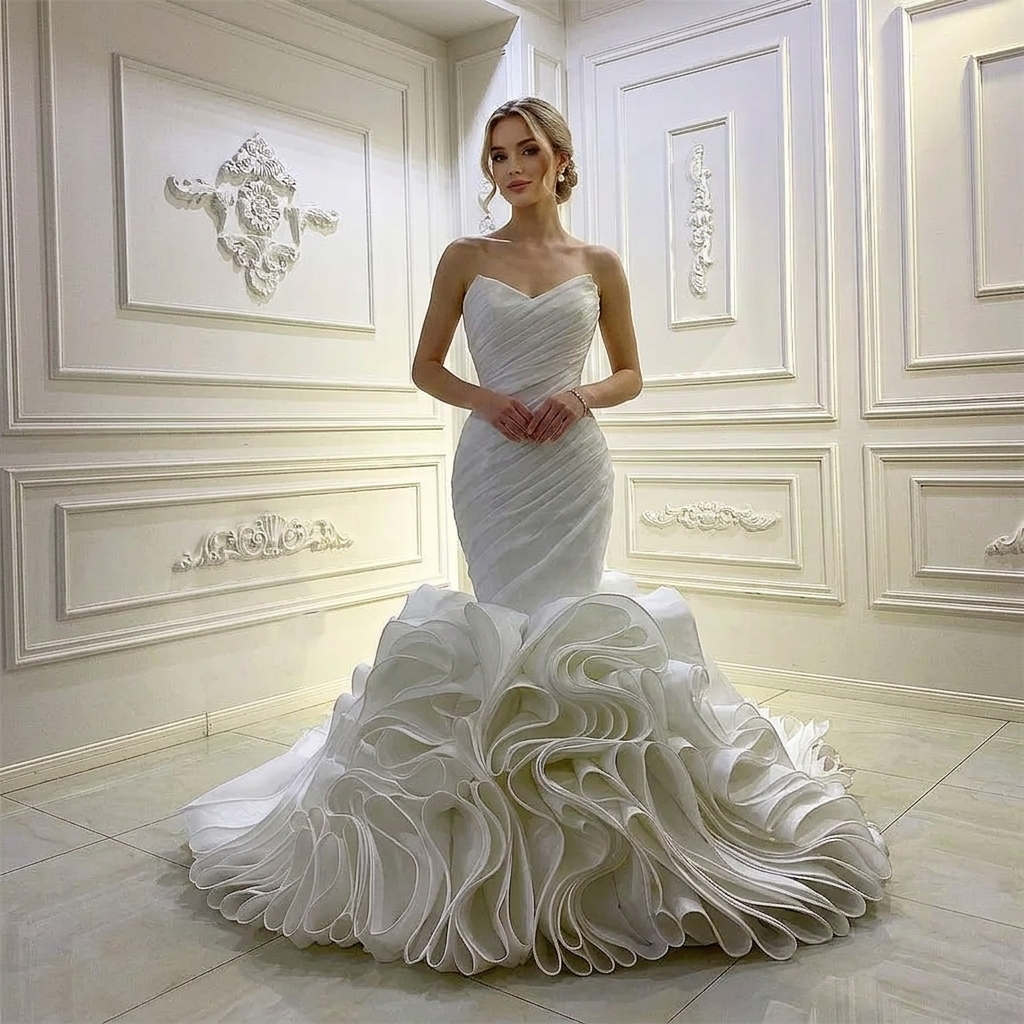 Front view of a blonde model wearing a strapless mermaid wedding dress with a pleated sweetheart bodice and a voluminous tiered organza ruffle skirt.