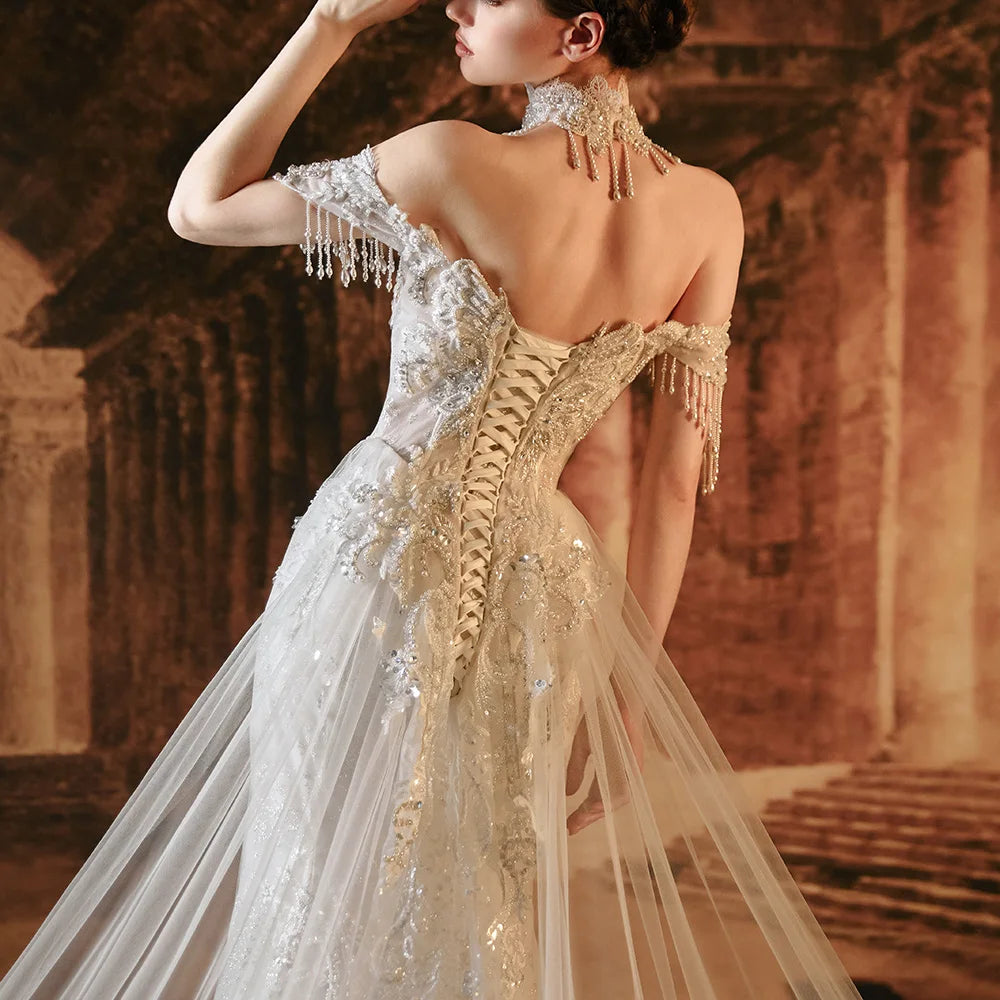 Stylish Mermaid Wedding Dress Cap Sleeve Tassel Beading Lace-Up – Elsi John