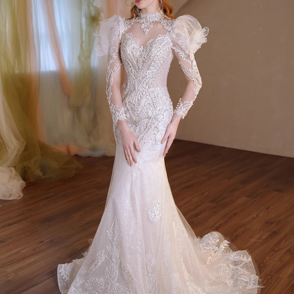 Front perspective of the luxury sequin ball gown wedding dress displayed on a mannequin, showcasing the majestic volume and glittering pattern of the skirt in a showroom.