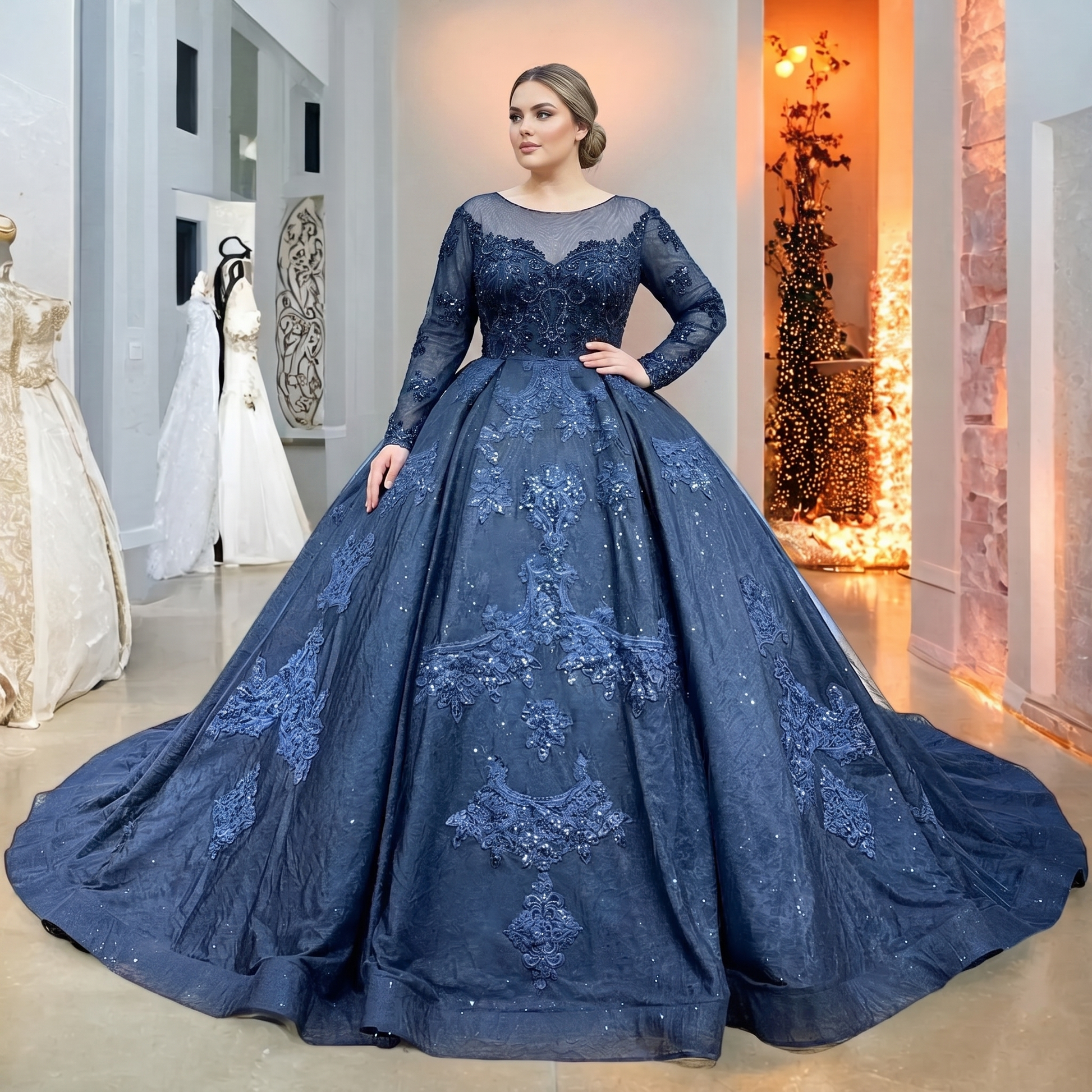 Plus-size bride wearing a black long-sleeved ball gown wedding dress with a sheer illusion neckline and detailed floral lace beading.
