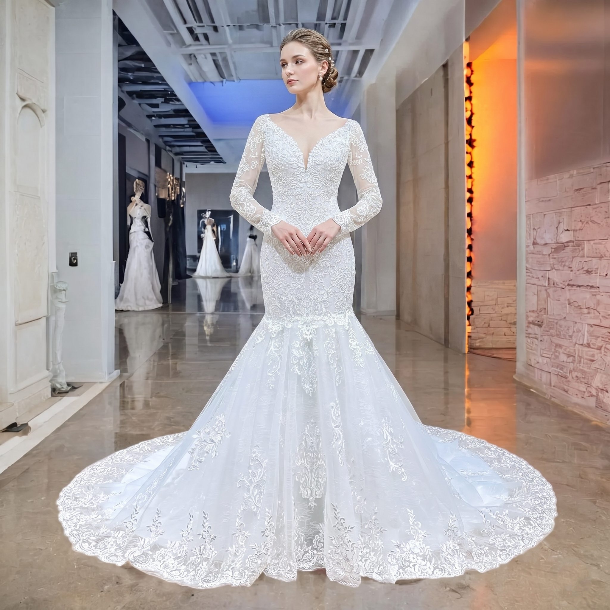 Elegant model wearing a long-sleeved sweetheart mermaid wedding dress with intricate pearl lace and a sweeping circular train in a luxury bridal showroom.