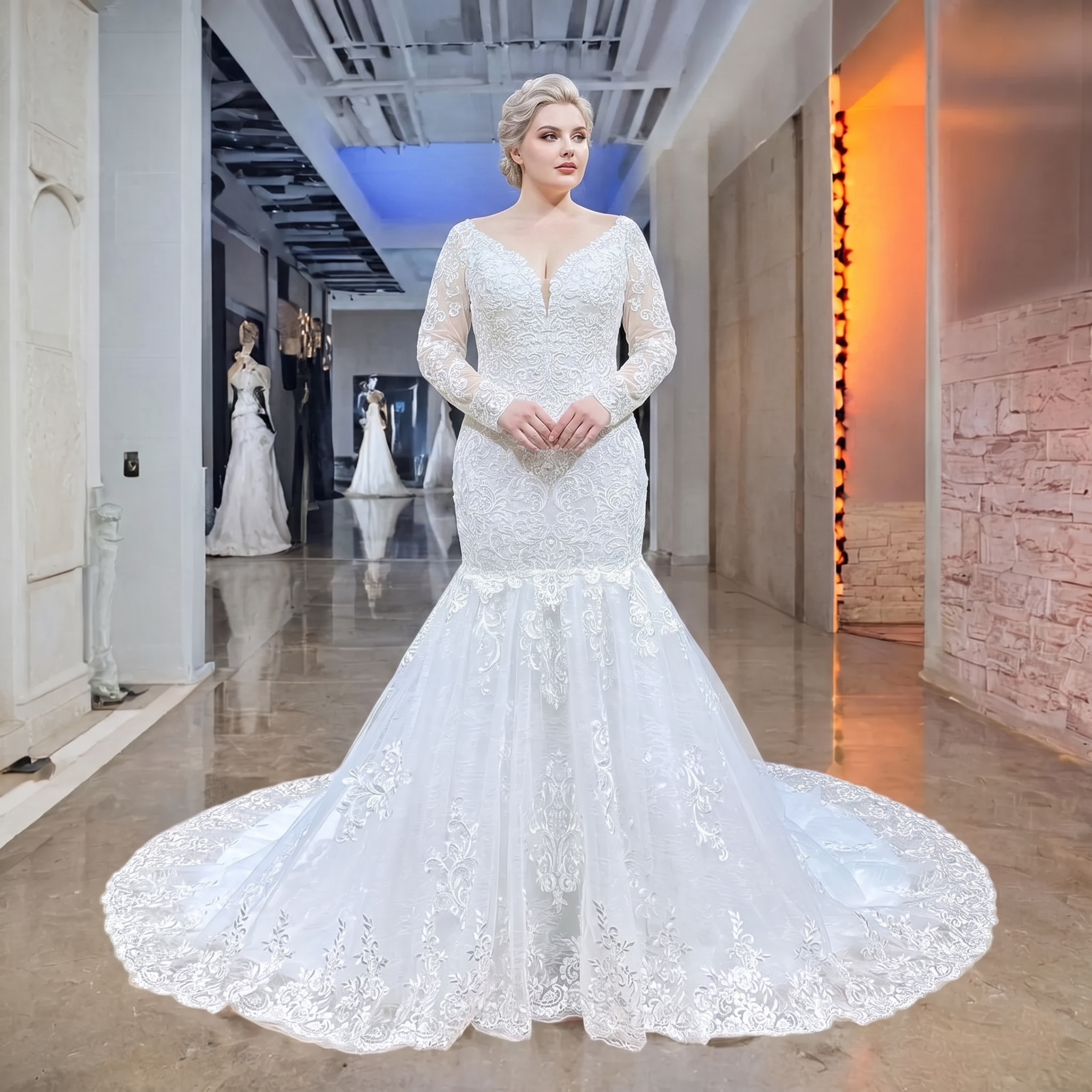 Plus-size bride modeling a stunning long-sleeve lace mermaid wedding dress featuring a deep sweetheart neckline and delicate pearl embellishments.