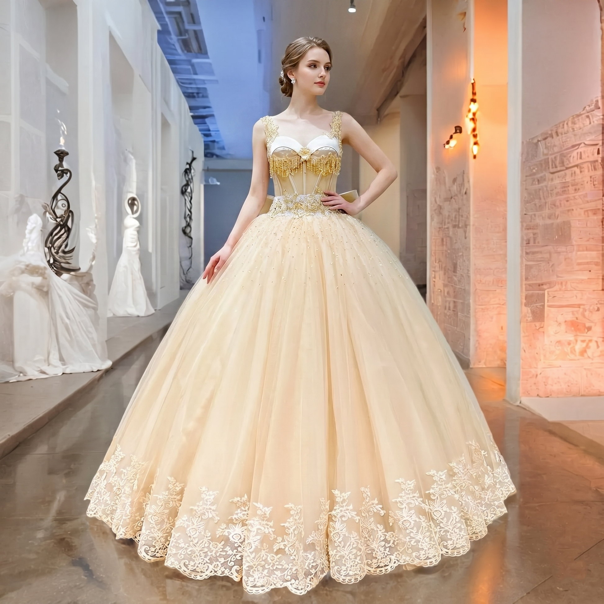 Front view of an elegant model wearing a champagne sweetheart neck ball gown wedding dress, featuring ornate gold crystal beading, a fringed bodice, and a wide lace-bordered tulle skirt in a bridal showroom.