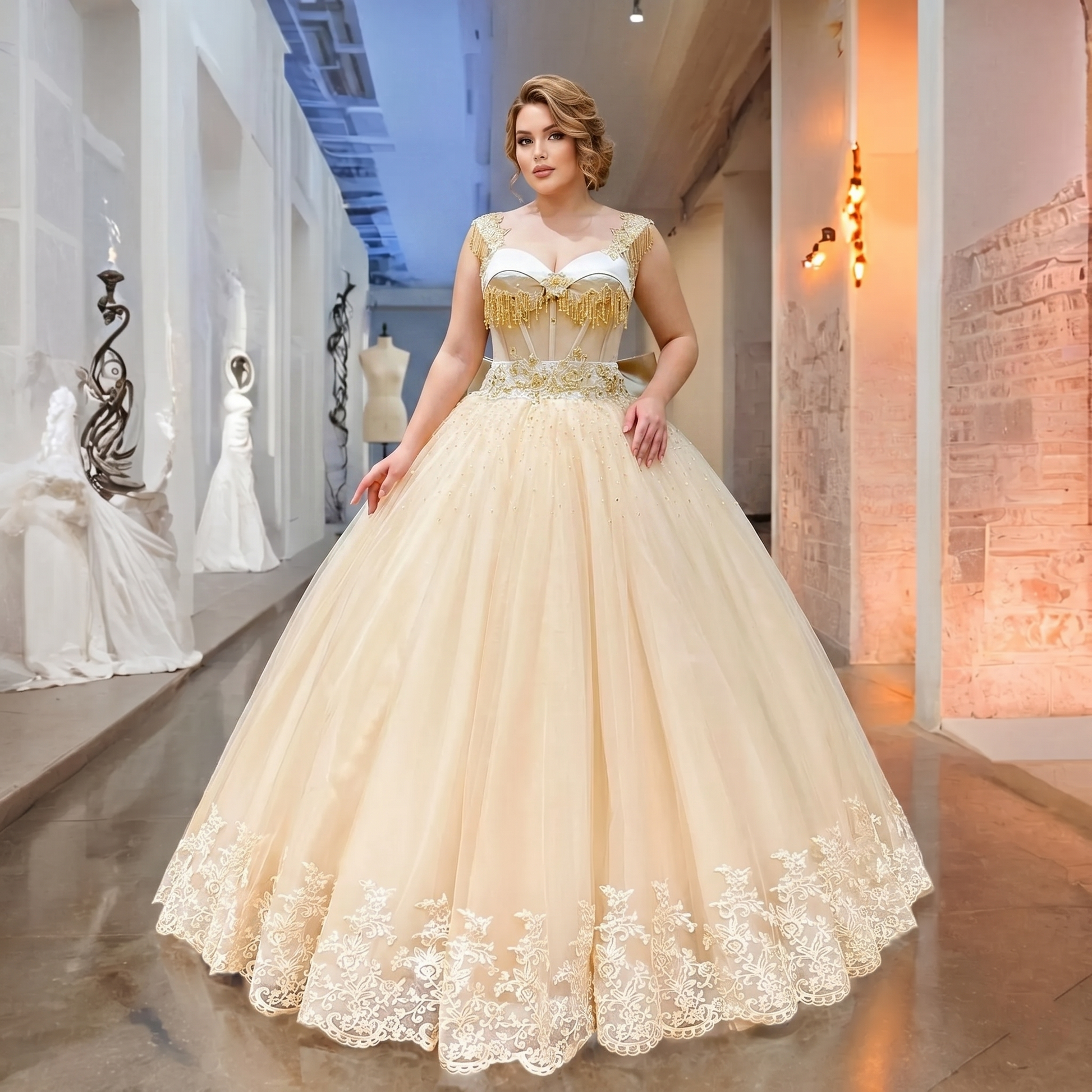 Stunning plus-size bridal gown showcasing a champagne sweetheart neck ball gown with beaded shoulder straps, gold crystal fringe, and a voluminous skirt with intricate lace detailing at the hem.