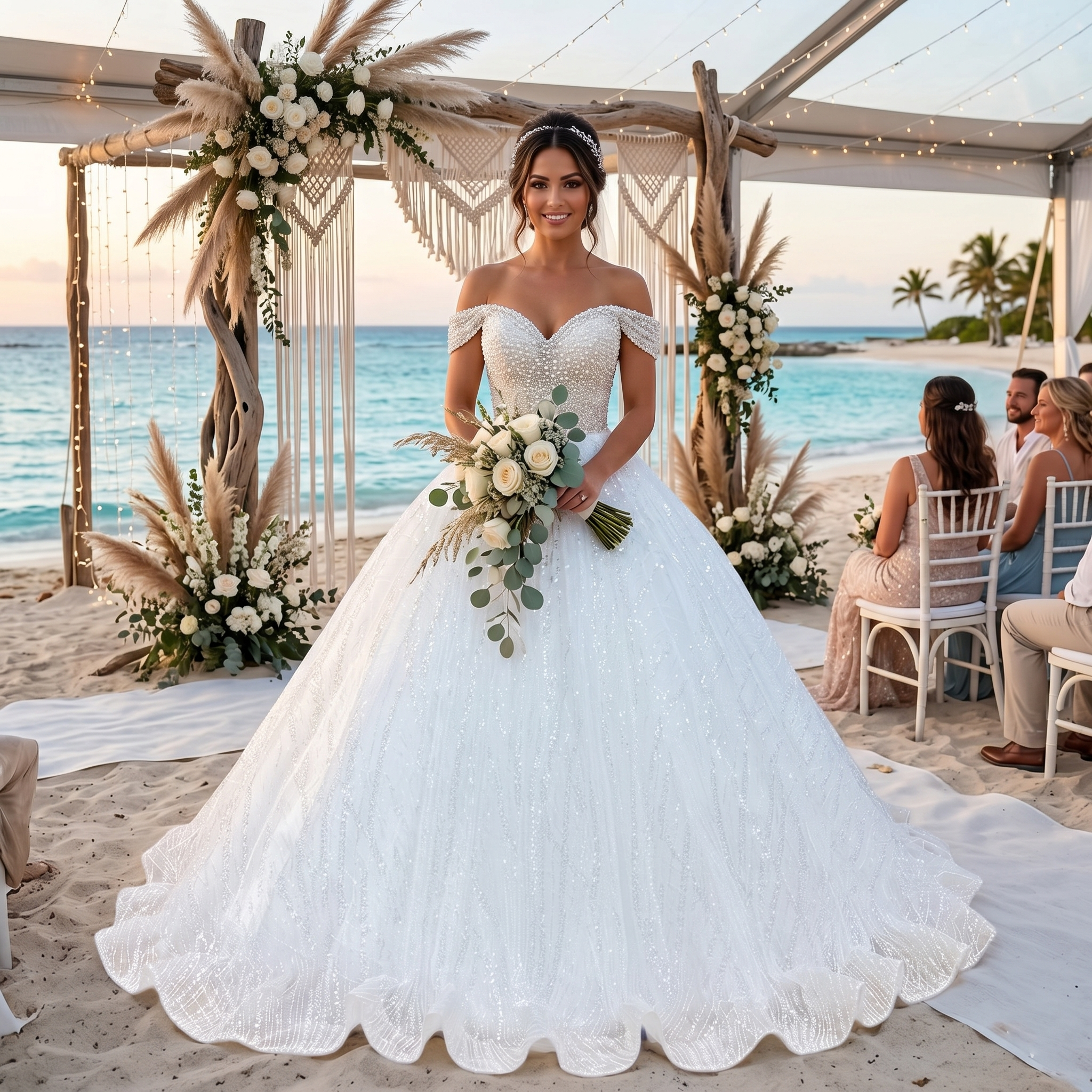 Bride wearing a sparkly sweetheart neck ball gown wedding dress with pearl embellishments at a romantic beach wedding ceremony.