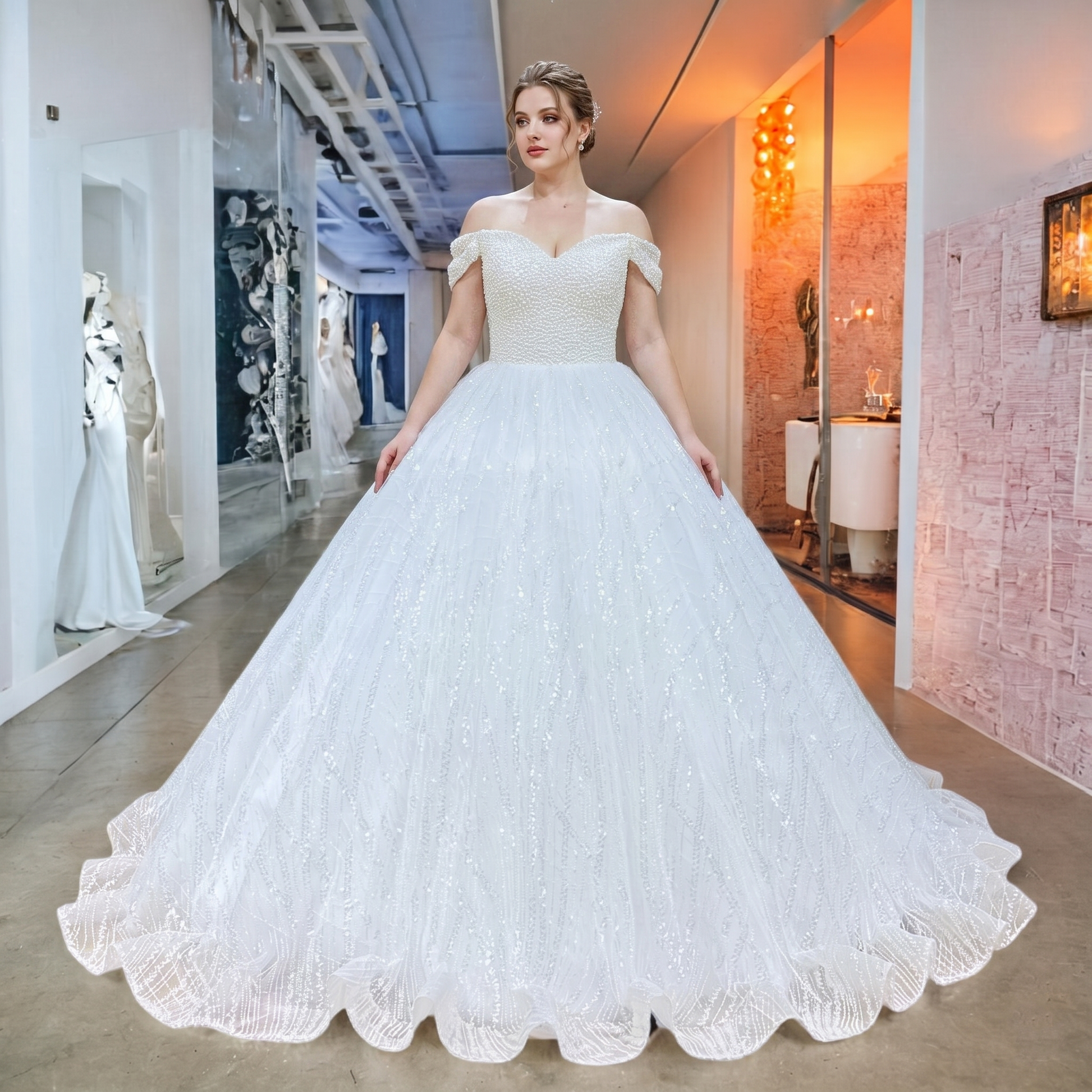 Full-length shot of a model wearing a pearl-embellished off-the-shoulder sweetheart neck ball gown wedding dress in a bridal boutique.