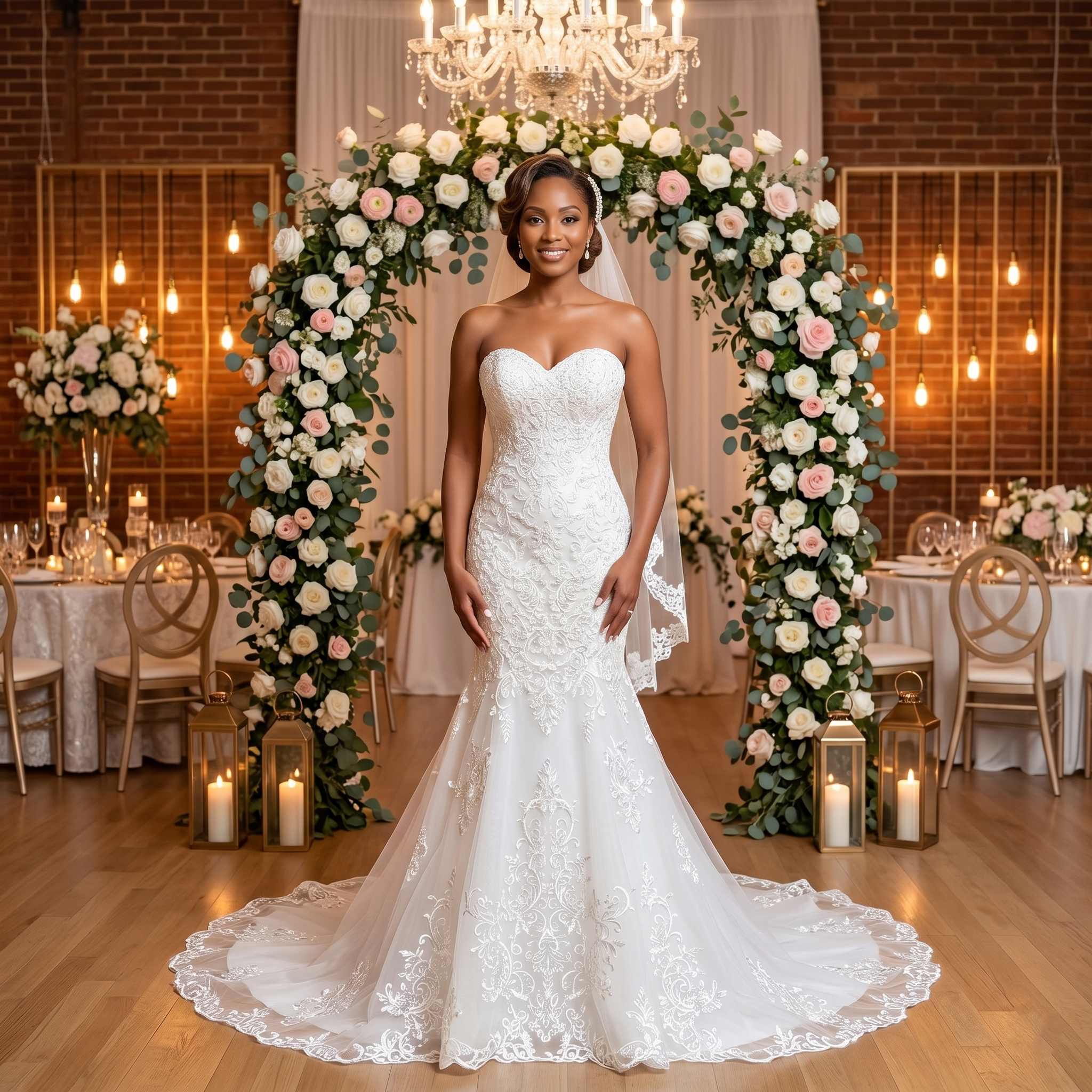 Smiling bride wearing a strapless sweetheart neck mermaid wedding dress with intricate lace embroidery standing under a lush floral wedding arch.