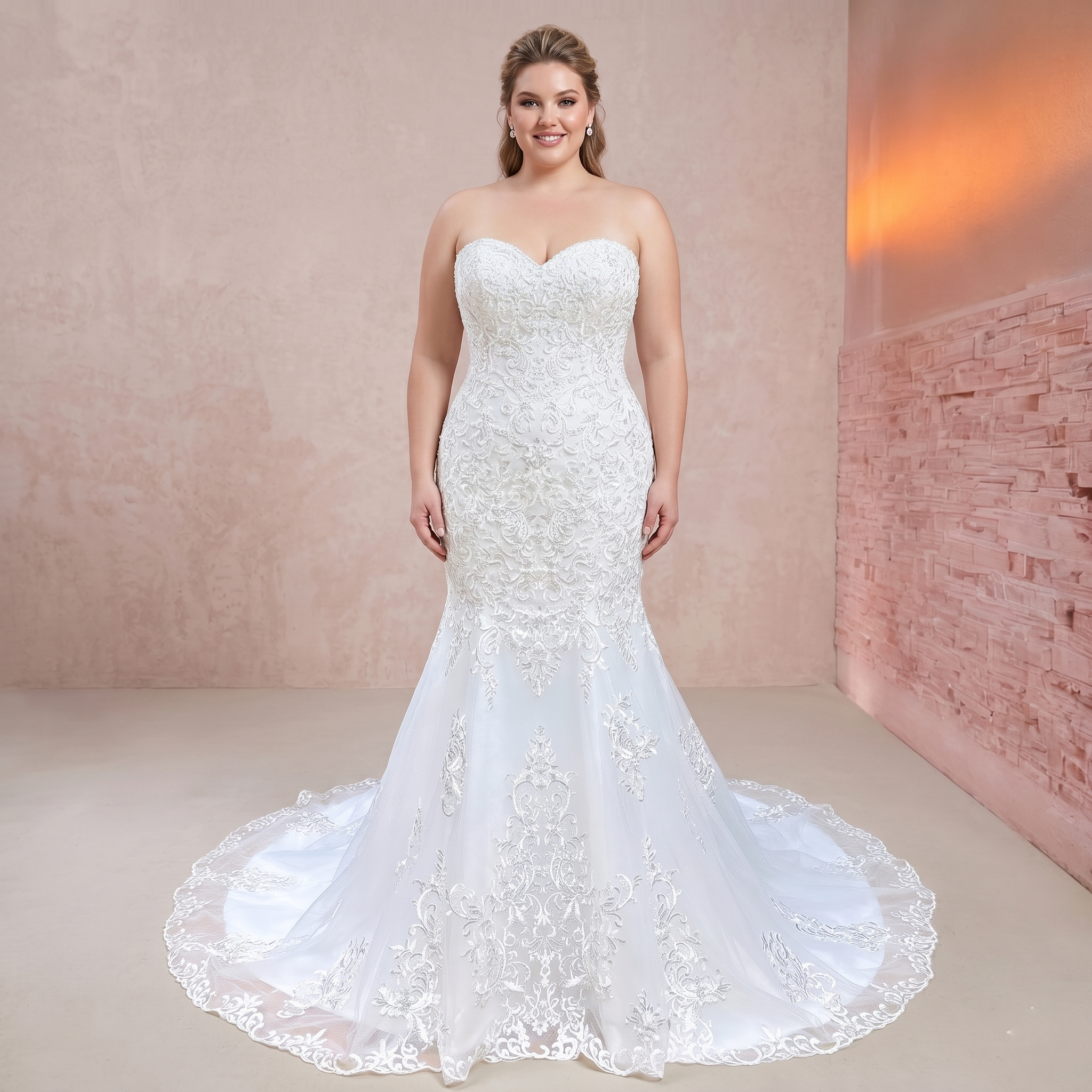 Plus-size bride showcasing a form-fitting sweetheart mermaid bridal gown with detailed lace appliques and a scalloped cathedral train.