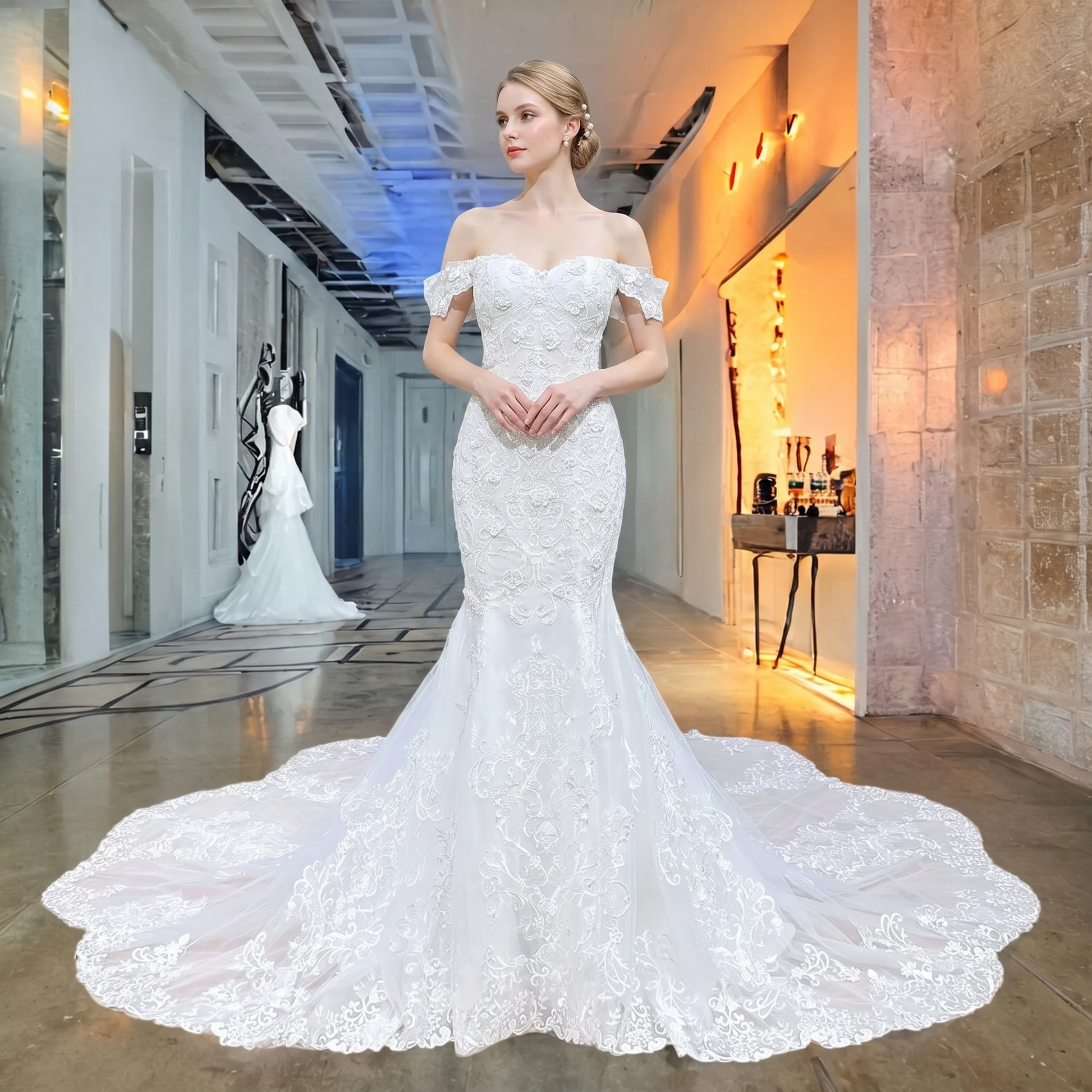Elegant model posing in an off-the-shoulder sweetheart neck mermaid wedding dress, featuring rich lace appliques and a sweeping tulle train.