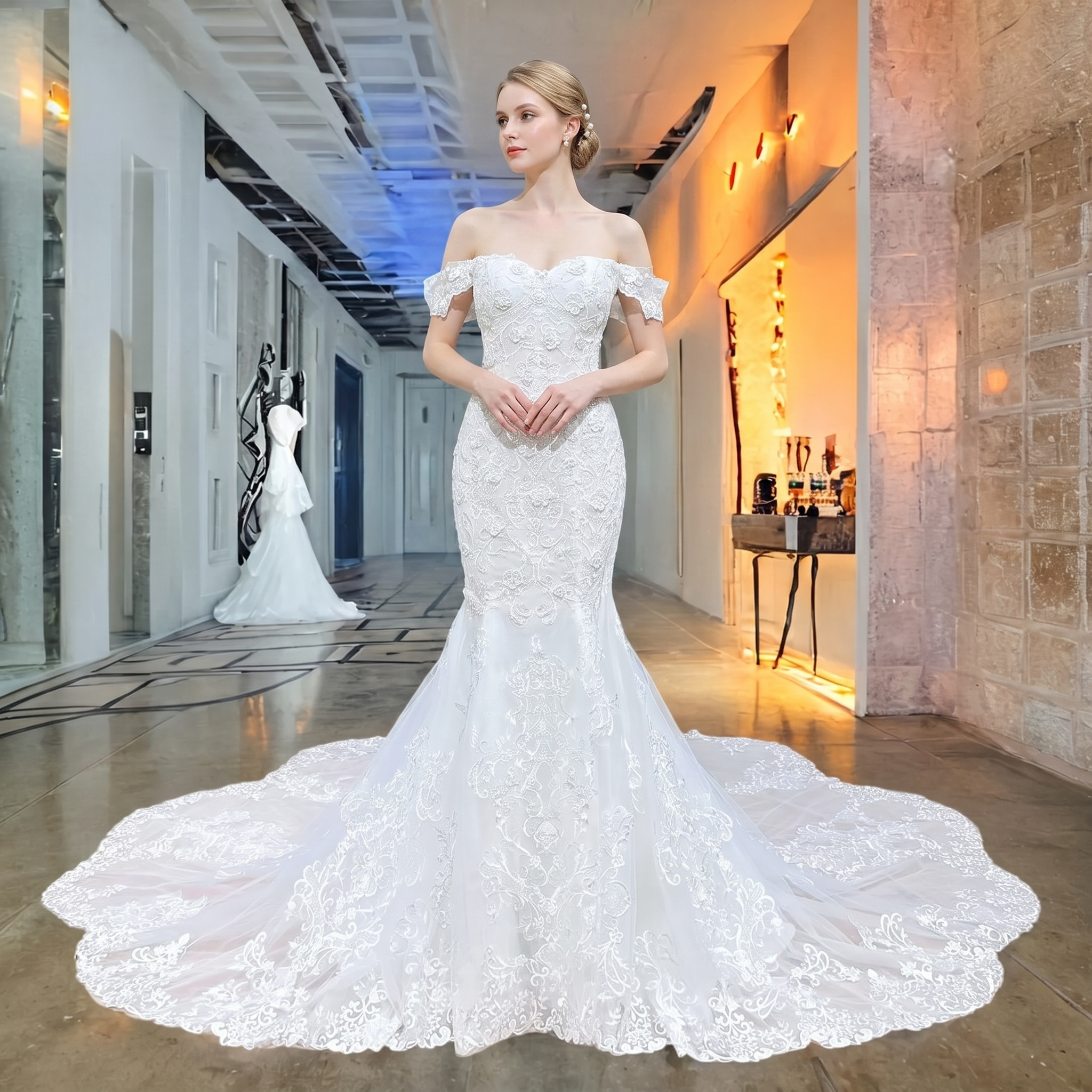 Elegant model posing in an off-the-shoulder sweetheart neck mermaid wedding dress, featuring rich lace appliques and a sweeping tulle train.