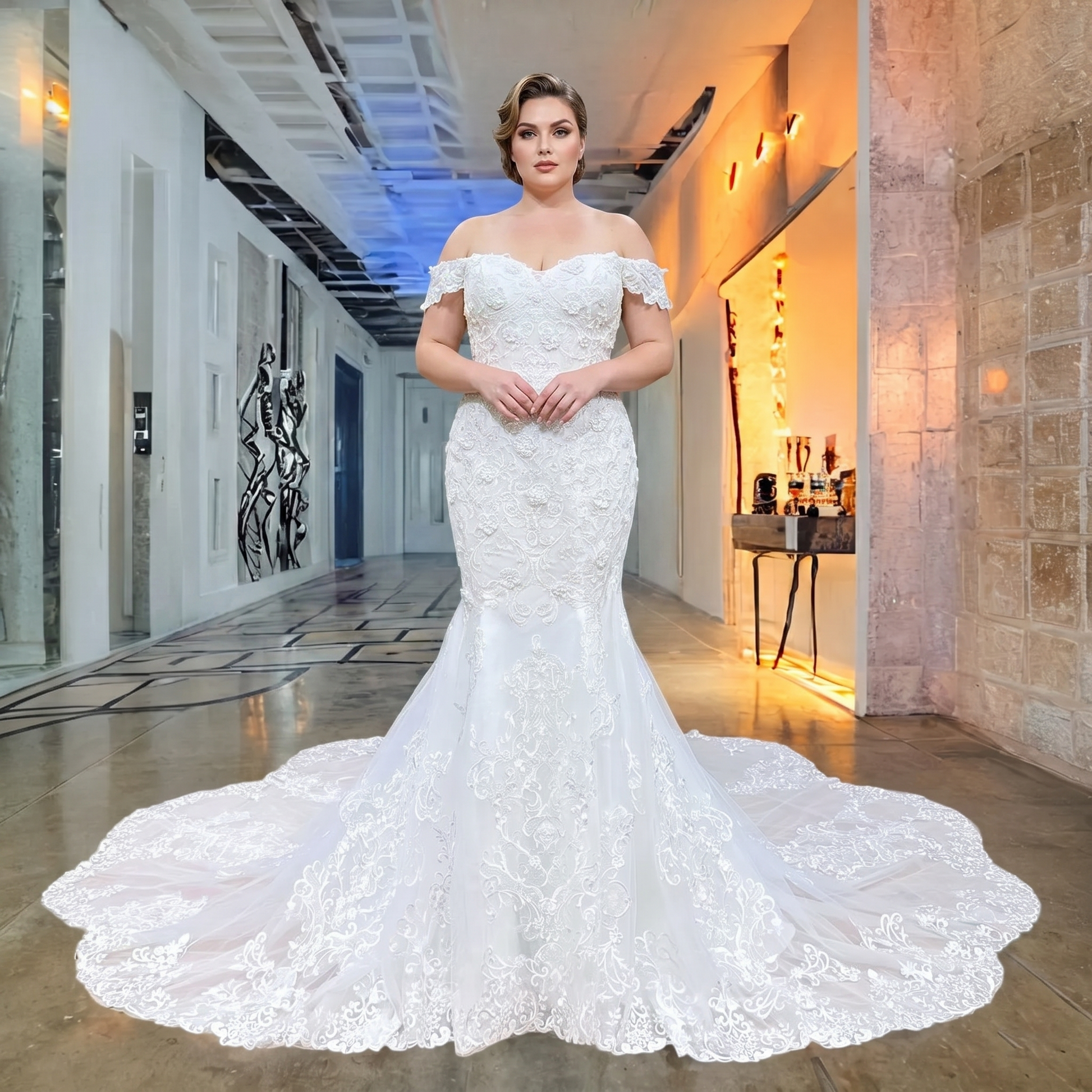 Elegant model posing in an off-the-shoulder sweetheart neck mermaid wedding dress, featuring rich lace appliques and a sweeping tulle train.