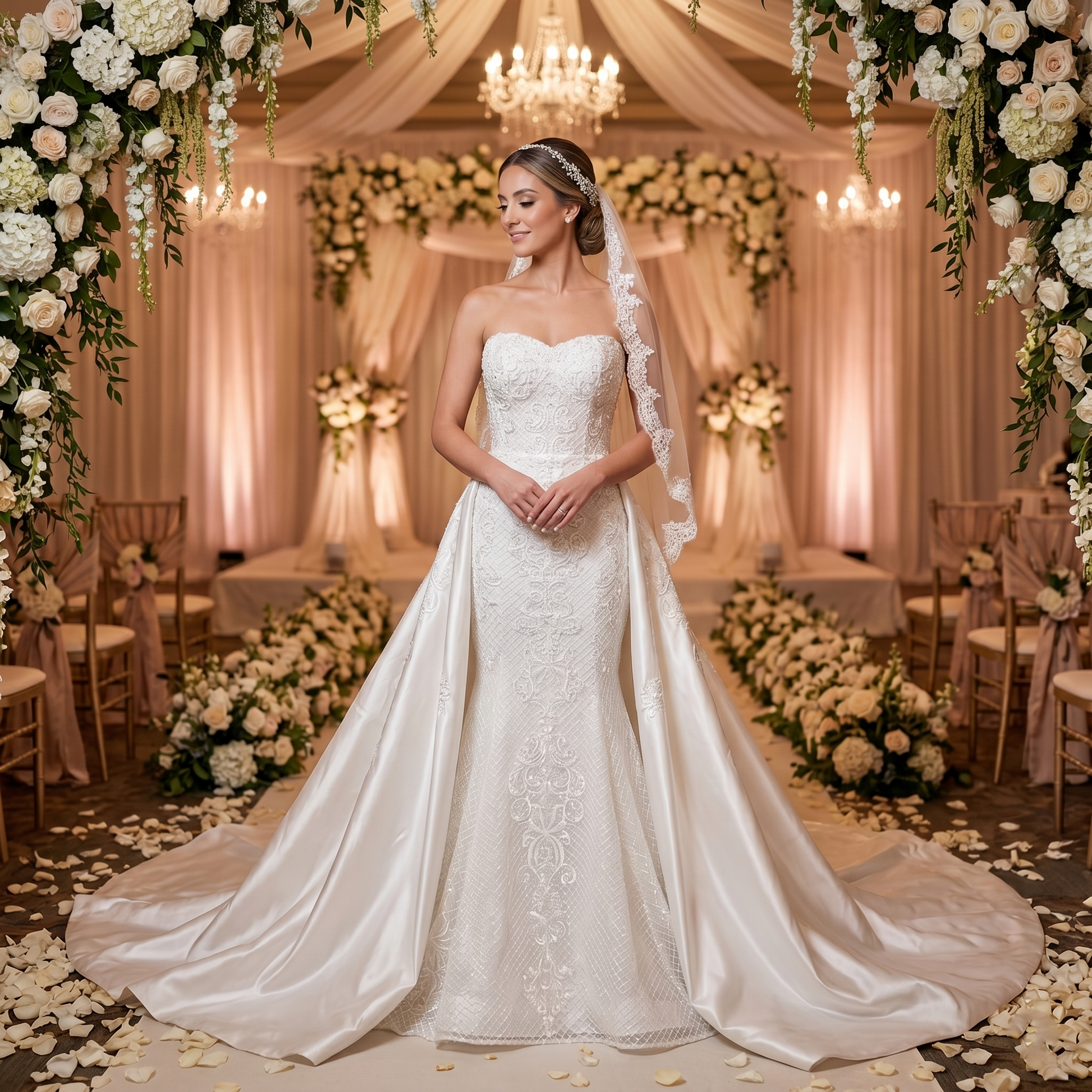 Smiling bride in a lush outdoor garden setting wearing an elegant sweetheart neck mermaid wedding dress featuring off-the-shoulder sheer lace sleeves and beaded floral appliques.