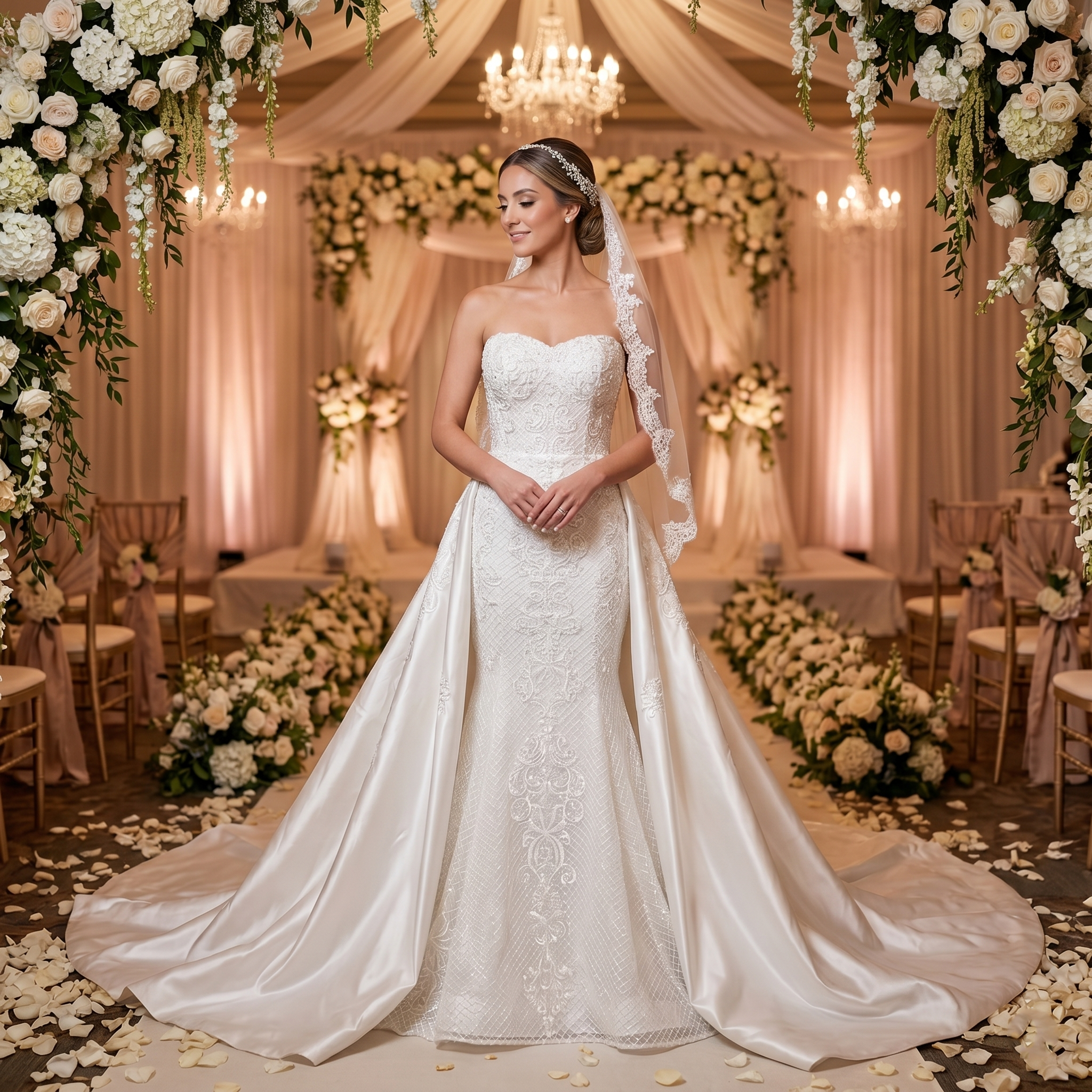 Smiling bride in a lush outdoor garden setting wearing an elegant sweetheart neck mermaid wedding dress featuring off-the-shoulder sheer lace sleeves and beaded floral appliques.