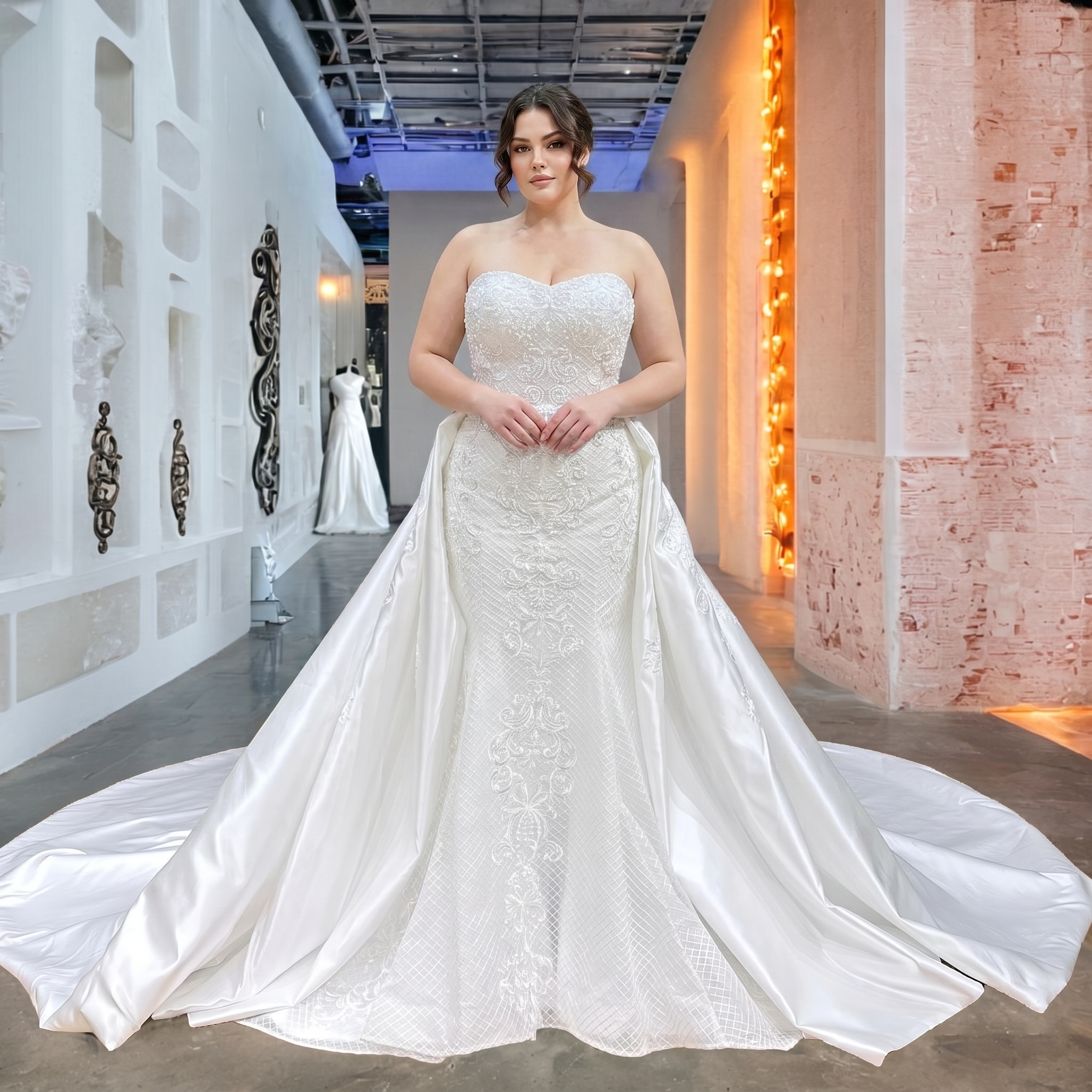 Plus-size bridal model in a modern indoor gallery showcasing a sweetheart neck mermaid wedding dress equipped with a voluminous detachable train and elegant off-the-shoulder sleeves.