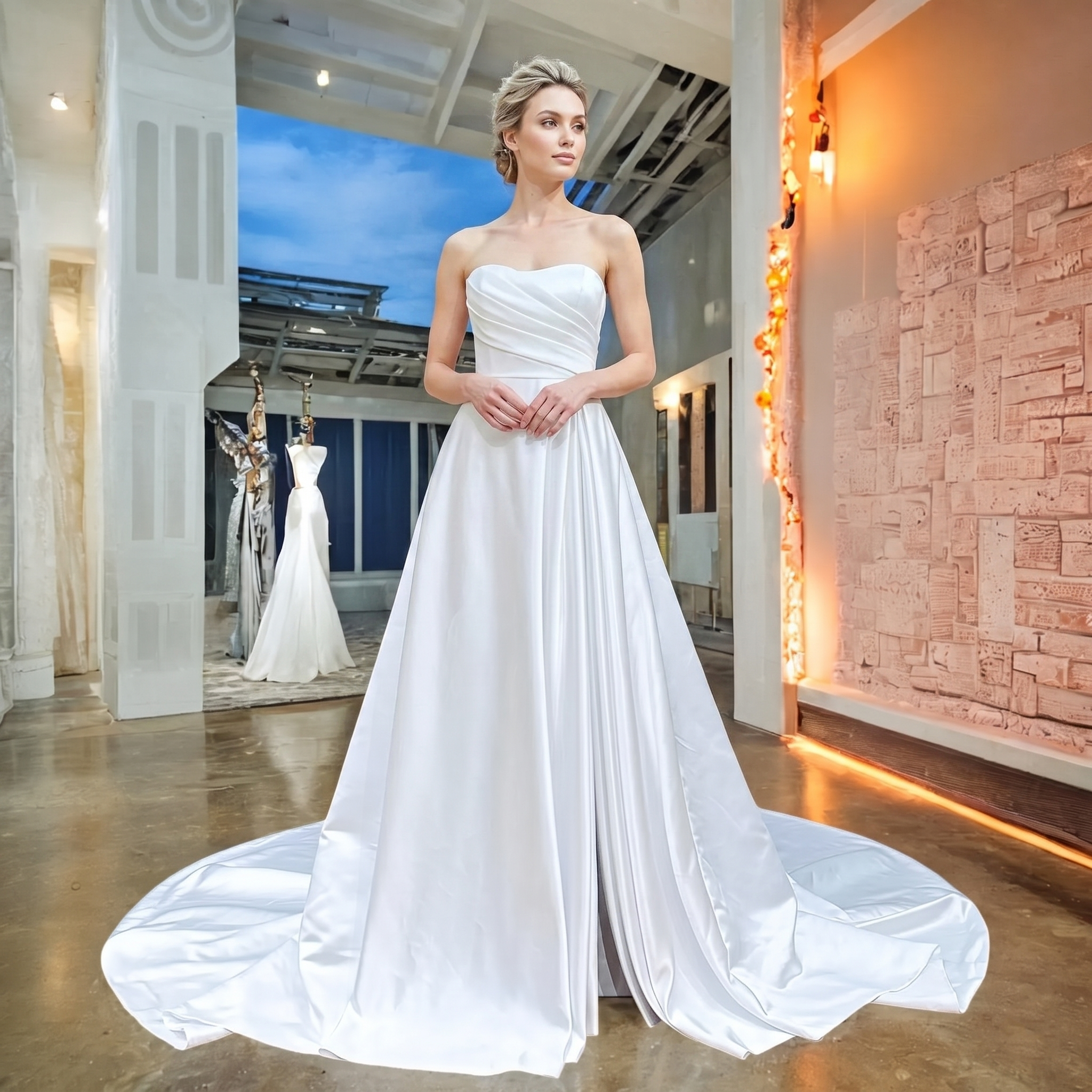 Elegant blonde model wearing a sweetheart neck satin A-line wedding dress with a ruched bodice and voluminous pleated skirt in a luxury bridal boutique.