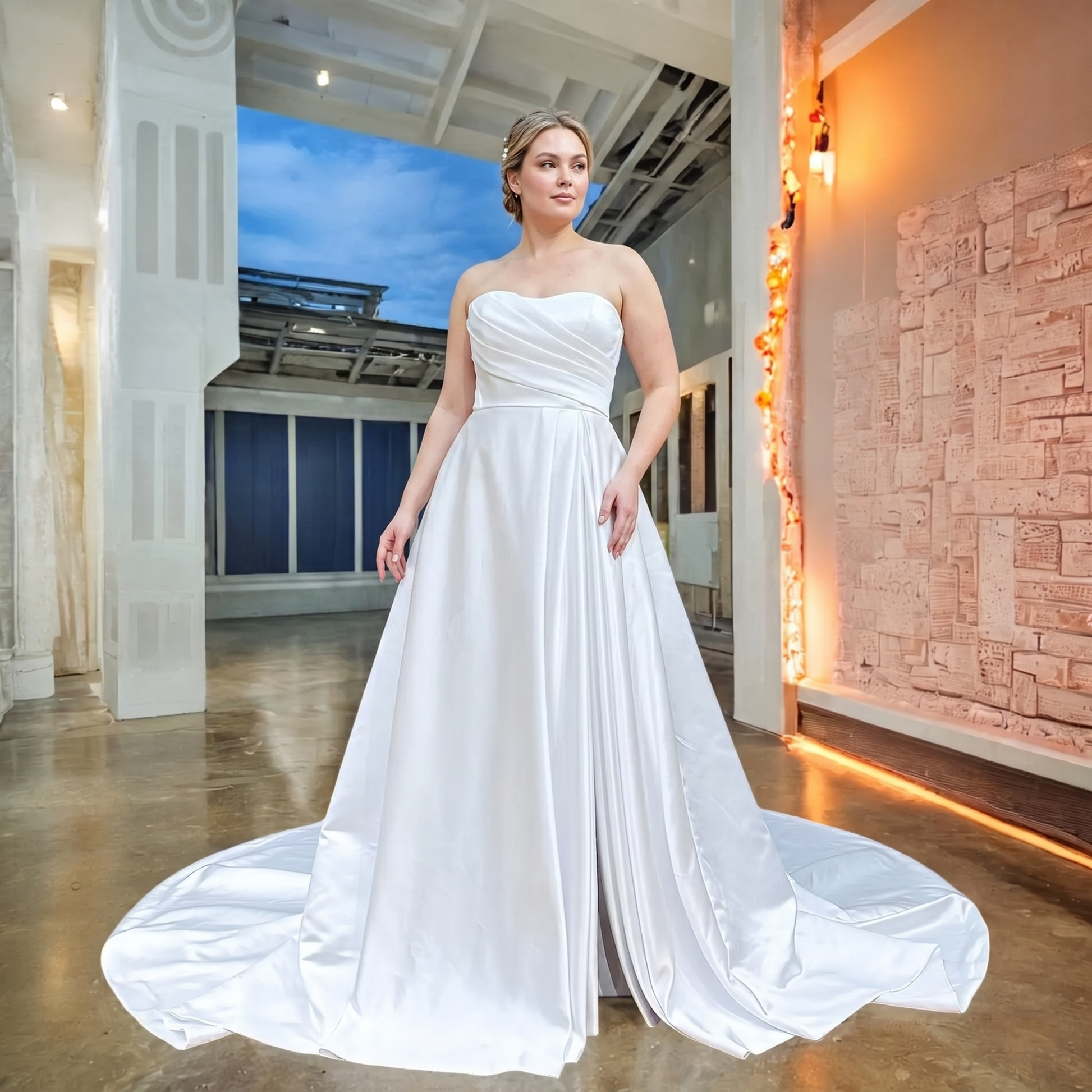 Beautiful curvy bride showcasing a strapless sweetheart neck satin A-line bridal gown featuring sophisticated bodice pleating and a dramatic floor-length skirt.
