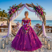 Smiling model wearing a voluminous fuchsia burgundy ball gown with a sweetheart neckline and pink floral appliques under a decorative arch on a tropical beach.