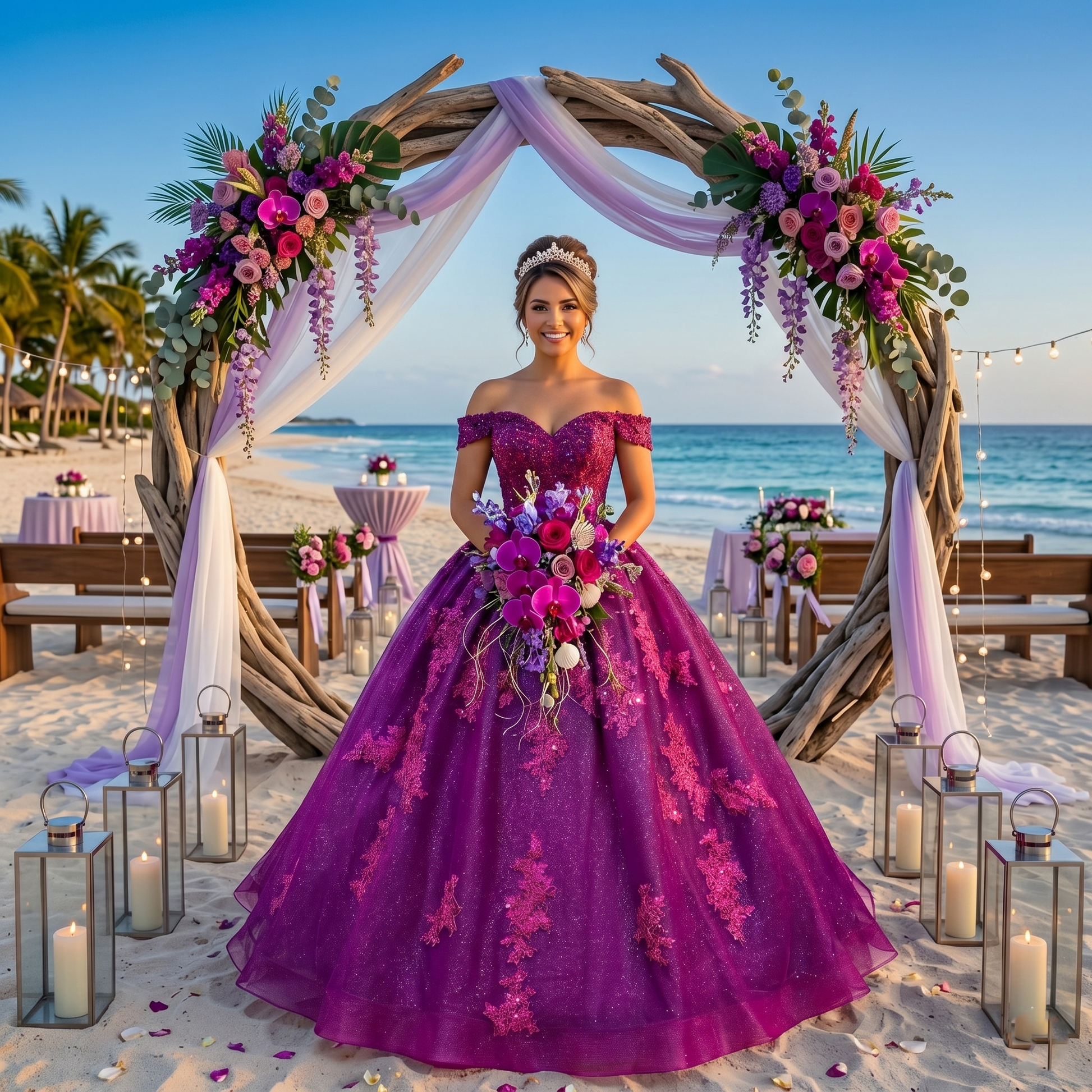 Smiling model wearing a voluminous fuchsia burgundy ball gown with a sweetheart neckline and pink floral appliques under a decorative arch on a tropical beach.