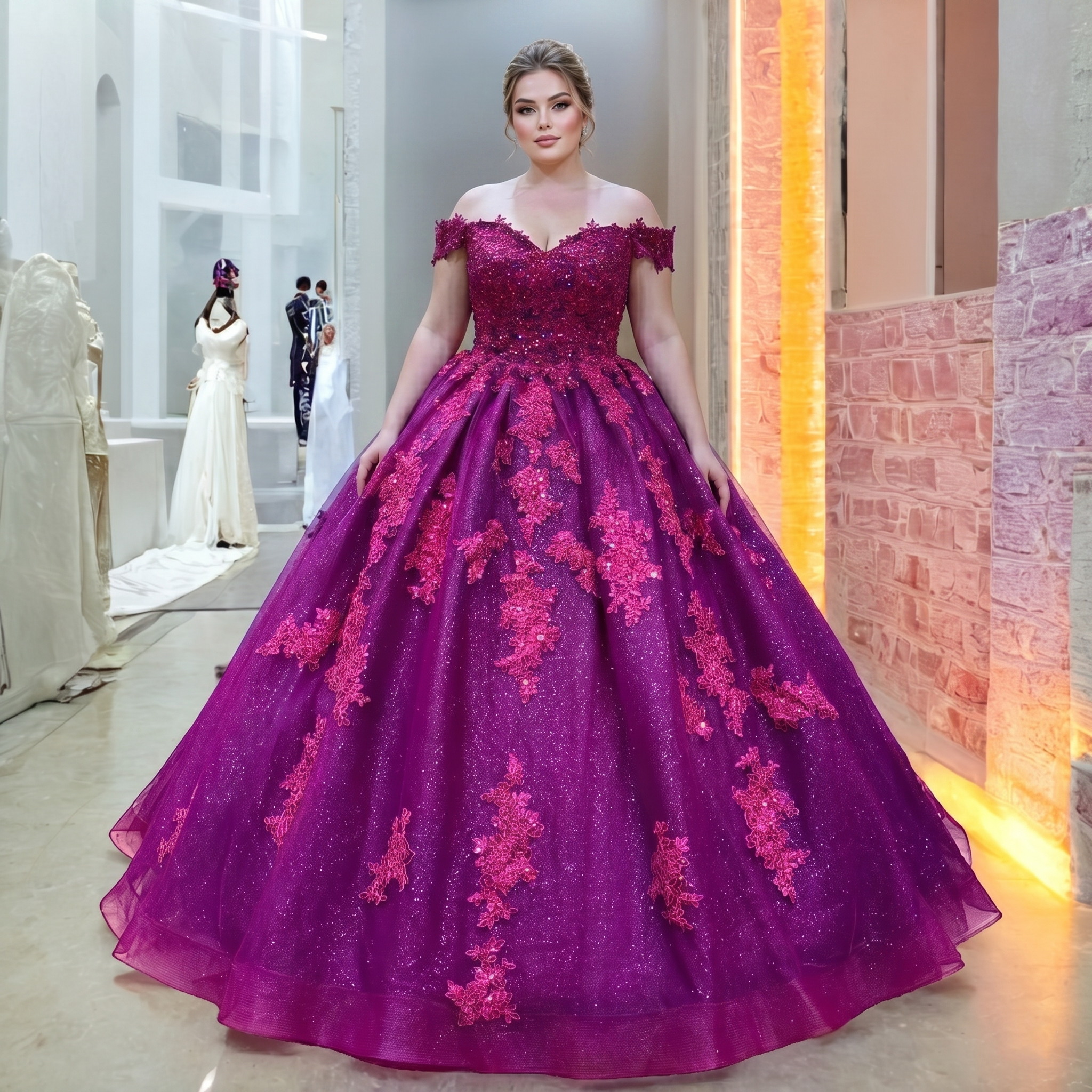Full-length view of a curve model showcasing the sparkling burgundy off-the-shoulder prom gown with a heavy beaded bodice inside a bridal boutique showroom.