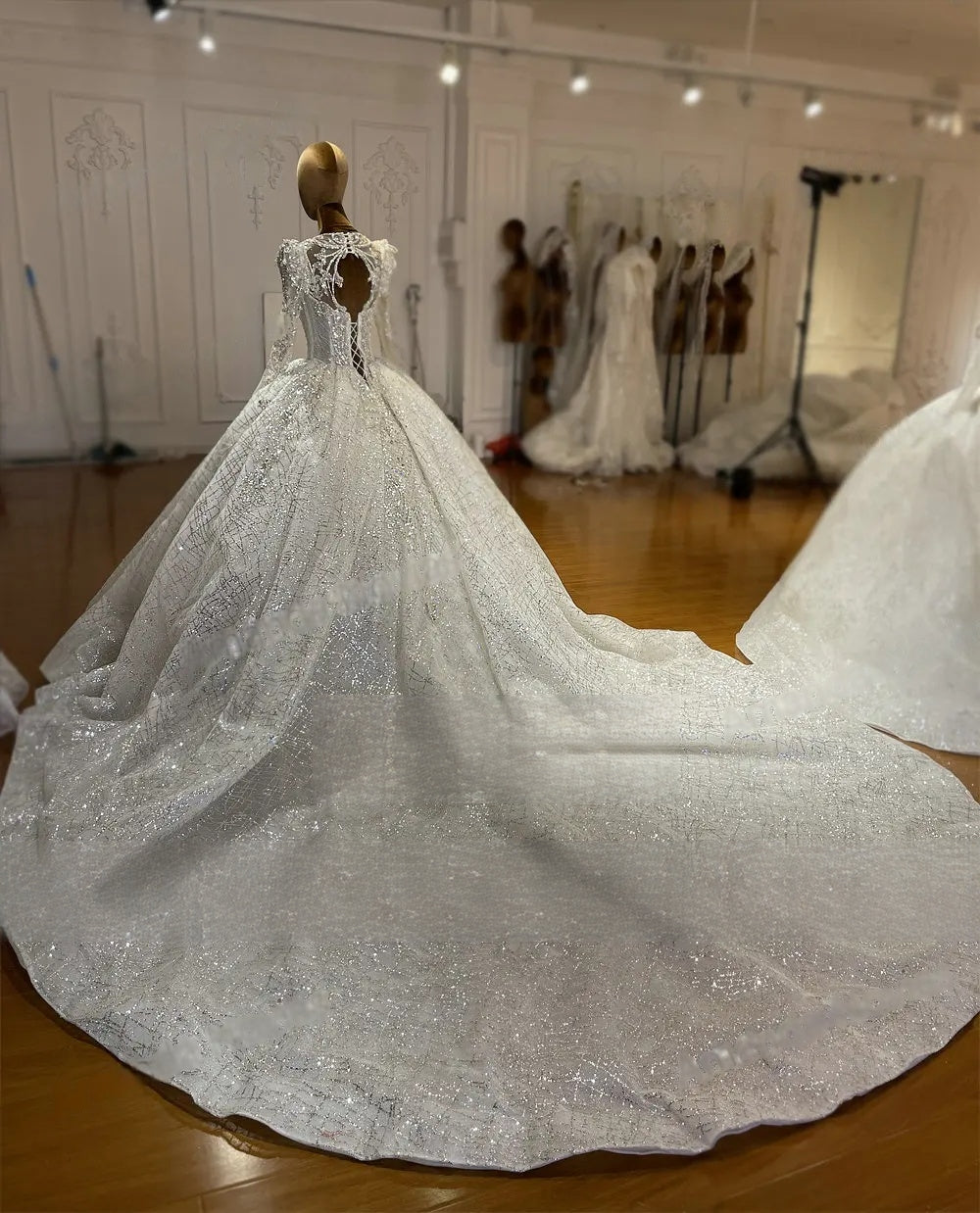 Back view of a sparkly ball gown wedding dress on a mannequin, highlighting the unique keyhole cut-out back and an expansive, shimmering glitter-patterned train.