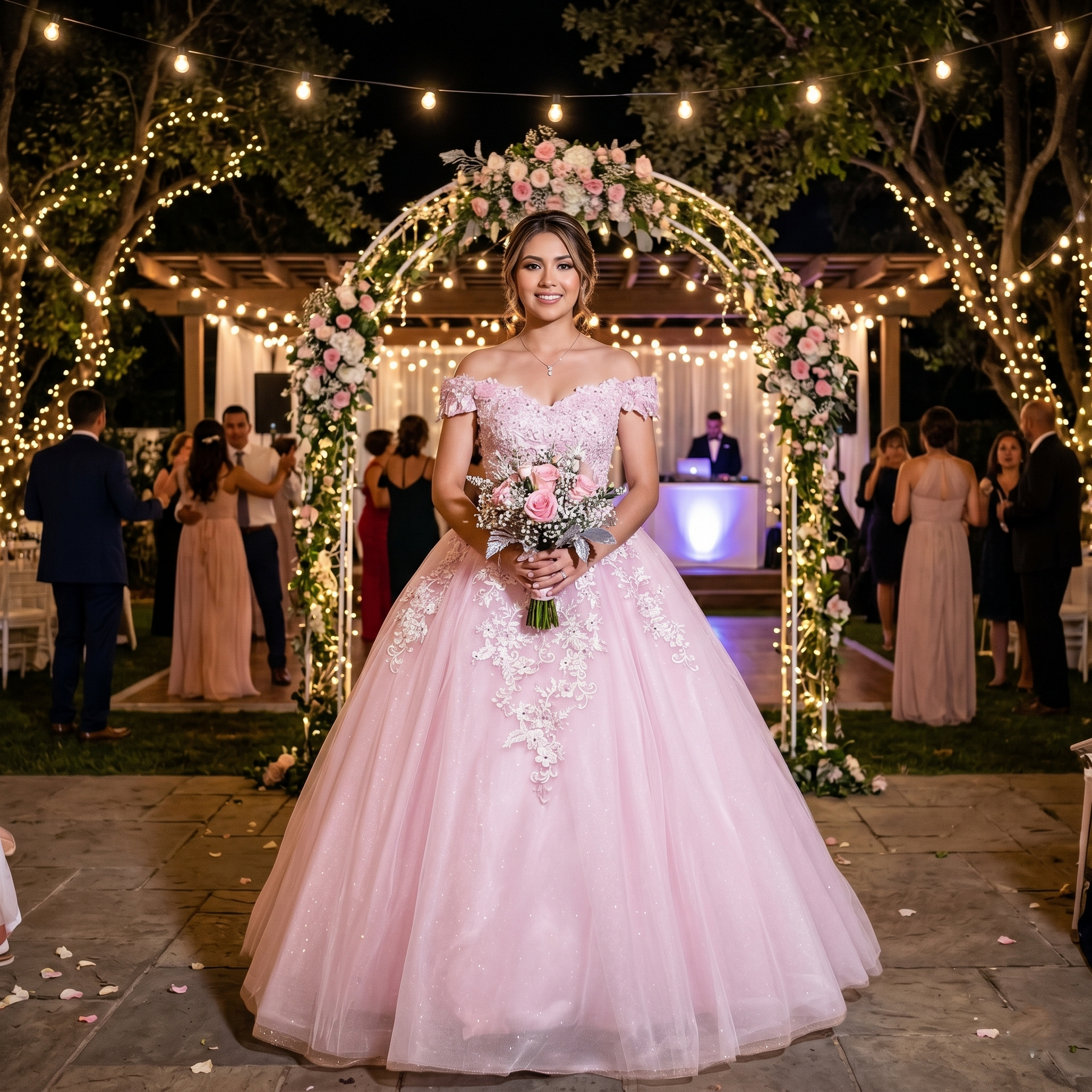 Smiling young woman standing under an outdoor floral arch at an evening event, wearing a beautiful sweetheart pink dress with pearls, crystals, and 3D flowers on an off-the-shoulder bodice.