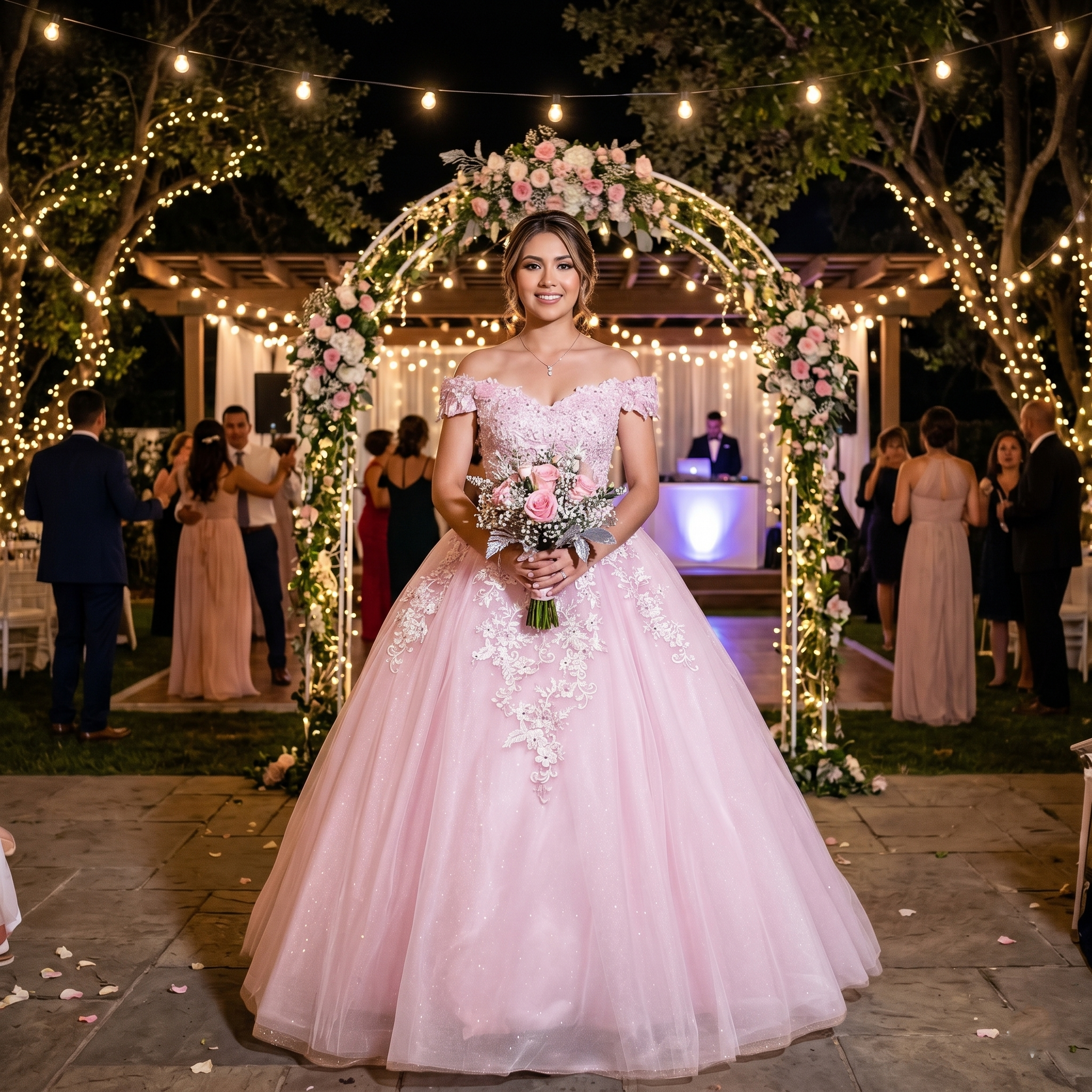 Smiling young woman standing under an outdoor floral arch at an evening event, wearing a beautiful sweetheart pink dress with pearls, crystals, and 3D flowers on an off-the-shoulder bodice.