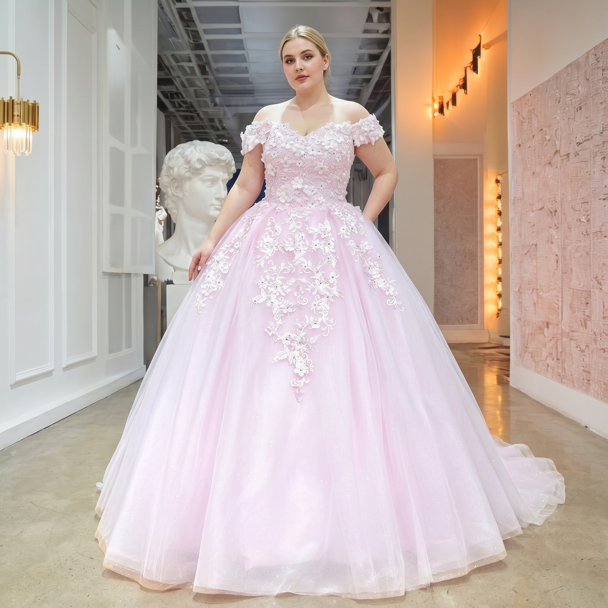 Plus-size model in a bright indoor gallery setting showcasing a voluminous sweetheart pink dress with pearls, crystals, and intricate floral appliques trailing down the tulle skirt.