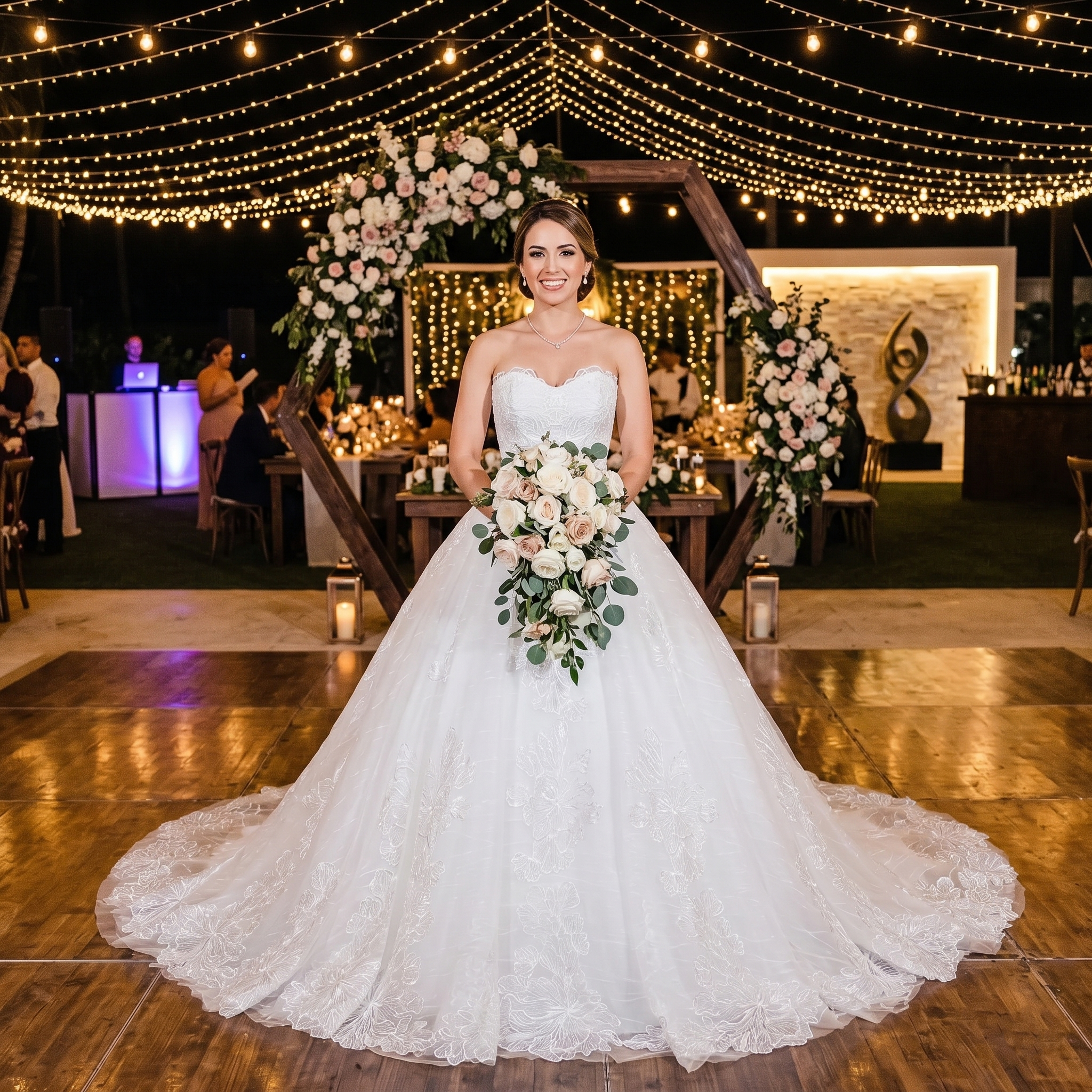 Beautiful bride standing in a bright outdoor garden setting, wearing a stunning transparent sequined appliques ball gown wedding dress featuring delicate spaghetti straps and a sparkling tulle skirt.