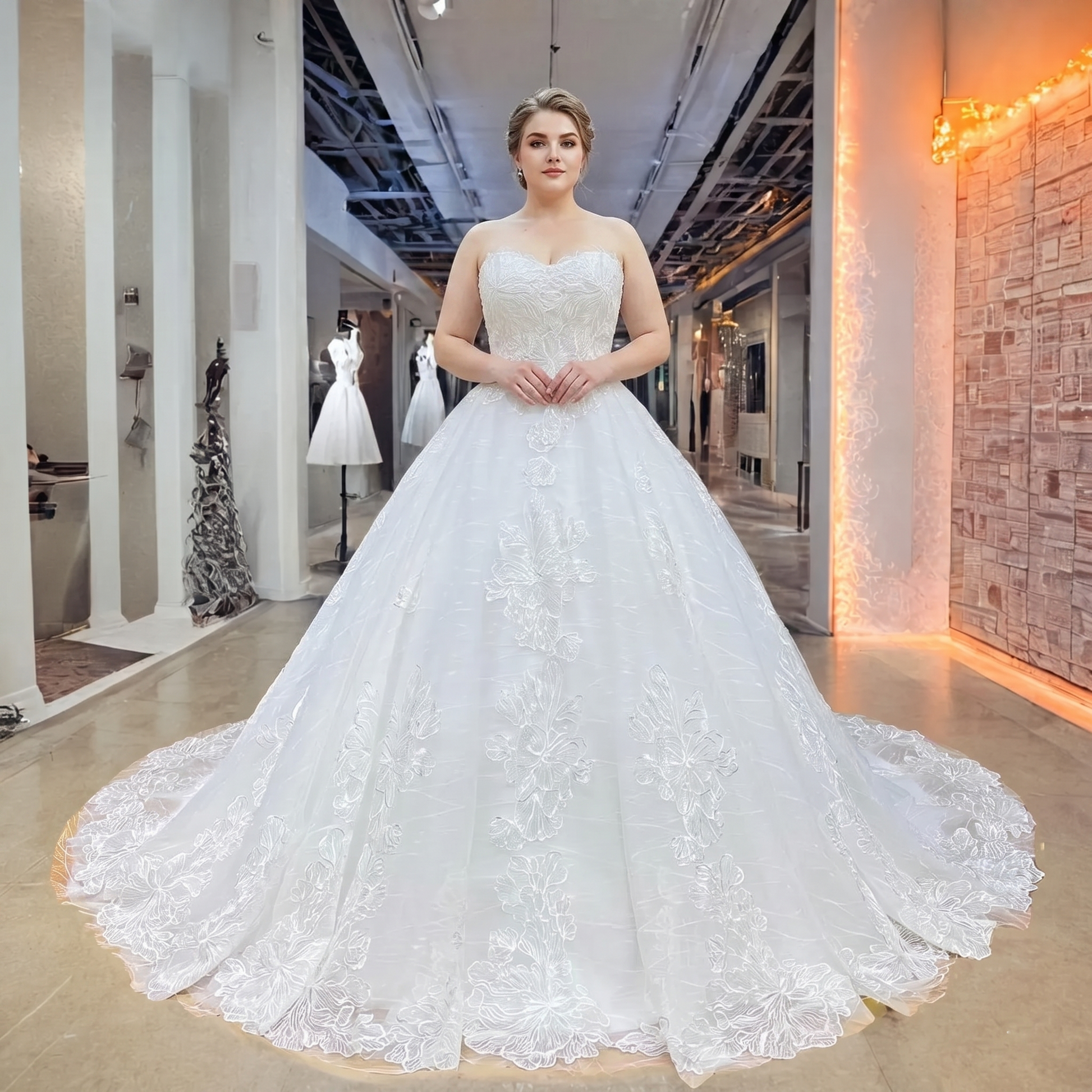 Plus-size bridal model in an elegant indoor hall showcasing a radiant transparent sequined appliques ball gown wedding dress with a deep sweetheart neckline and voluminous glittering skirt.