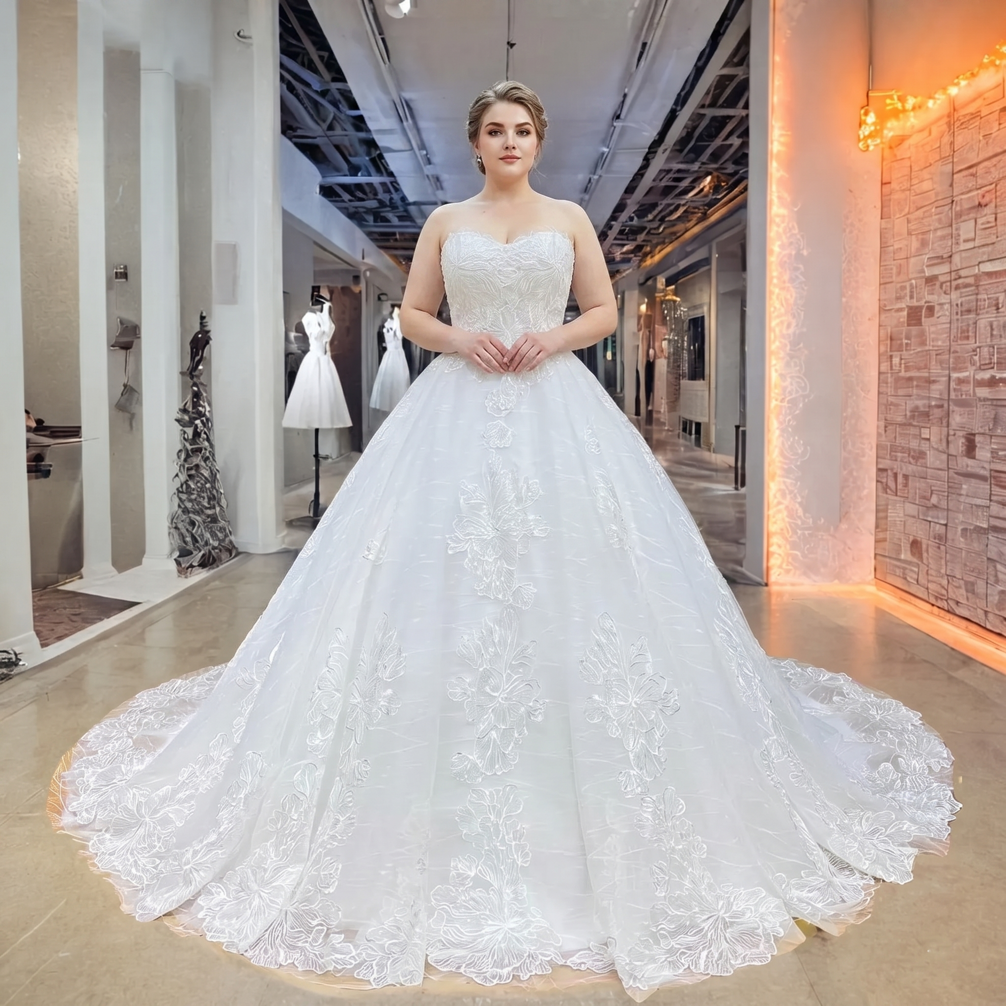 Plus-size bridal model in an elegant indoor hall showcasing a radiant transparent sequined appliques ball gown wedding dress with a deep sweetheart neckline and voluminous glittering skirt.