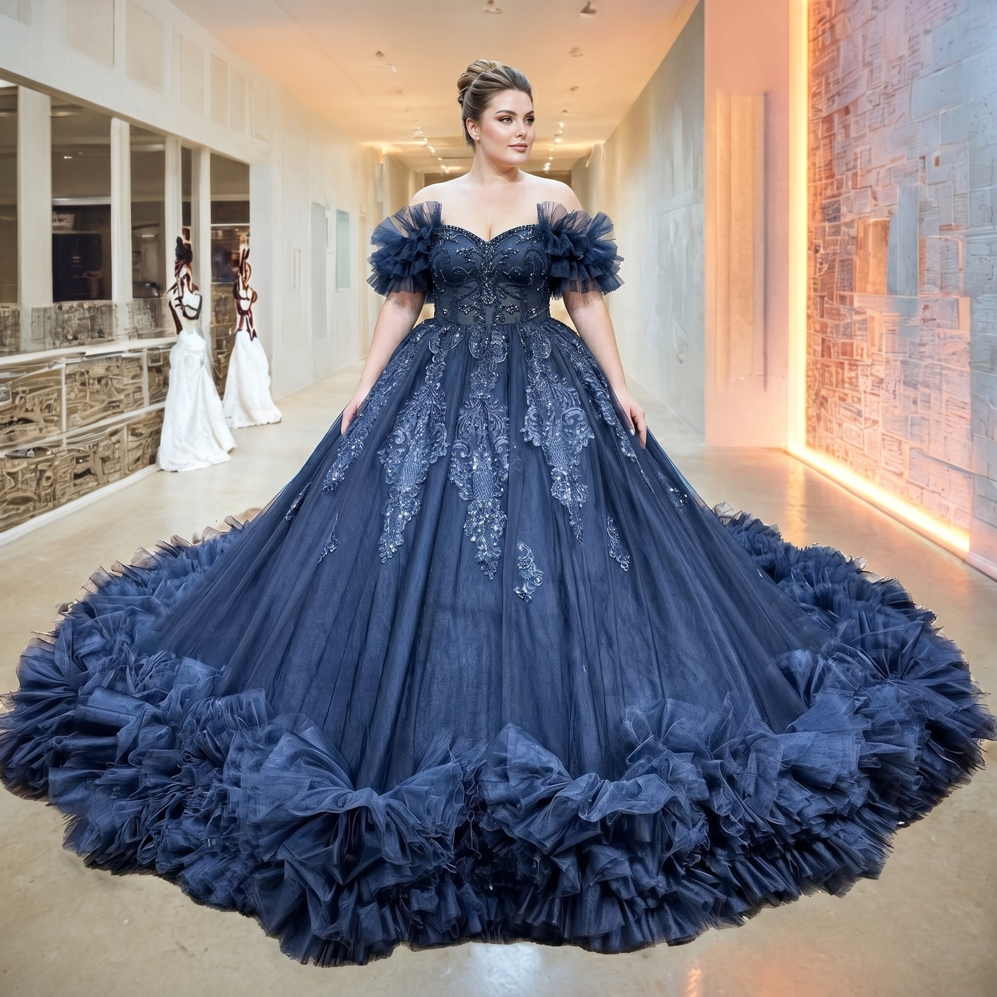 Plus-size bridal model showcasing a timeless white tulle ball gown bridal dress with a structured lace bodice in a luxury showroom corridor.