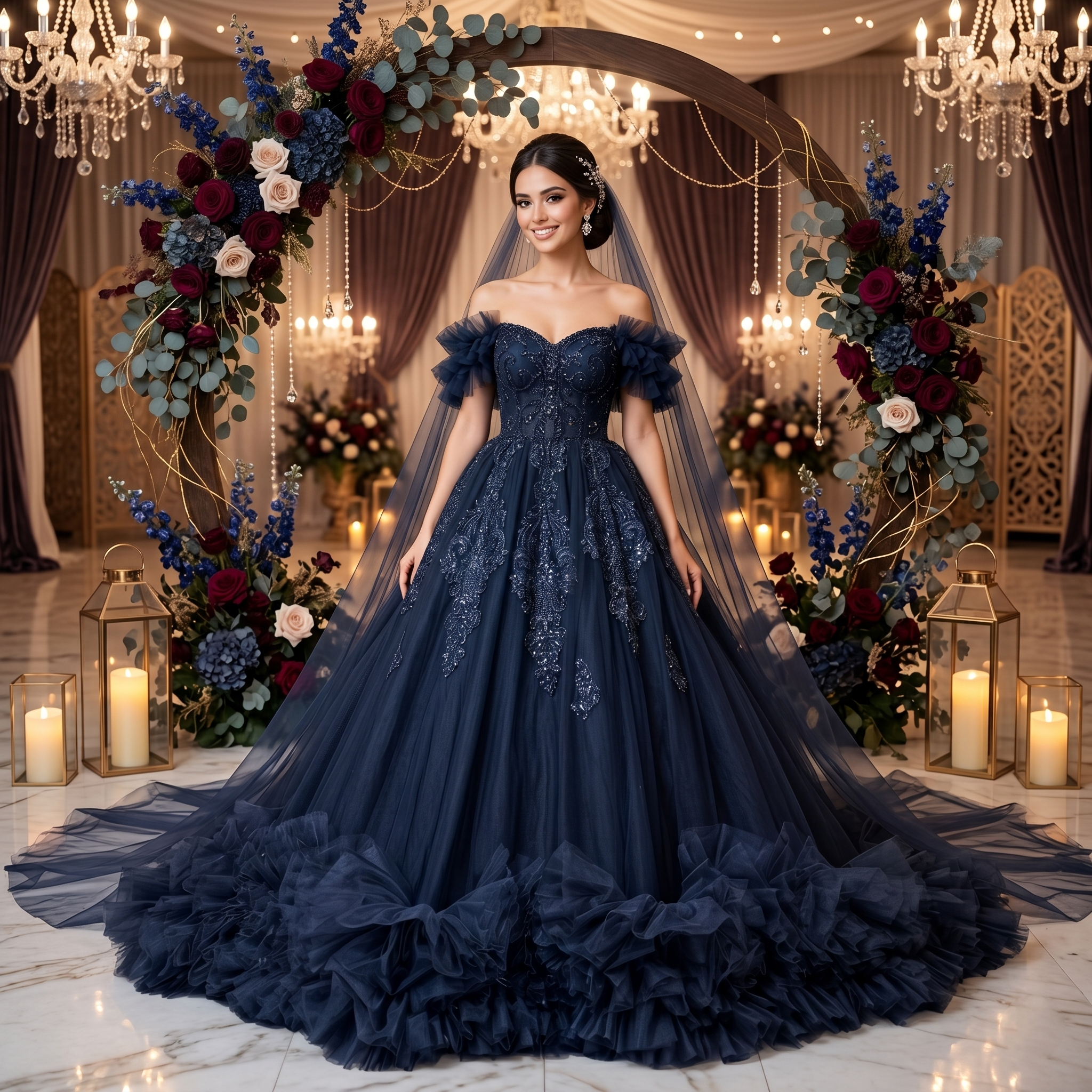 Elegant bride wearing a classic off-the-shoulder tulle ball gown wedding dress with beaded lace appliqués under a floral arch at an outdoor ceremony setting.