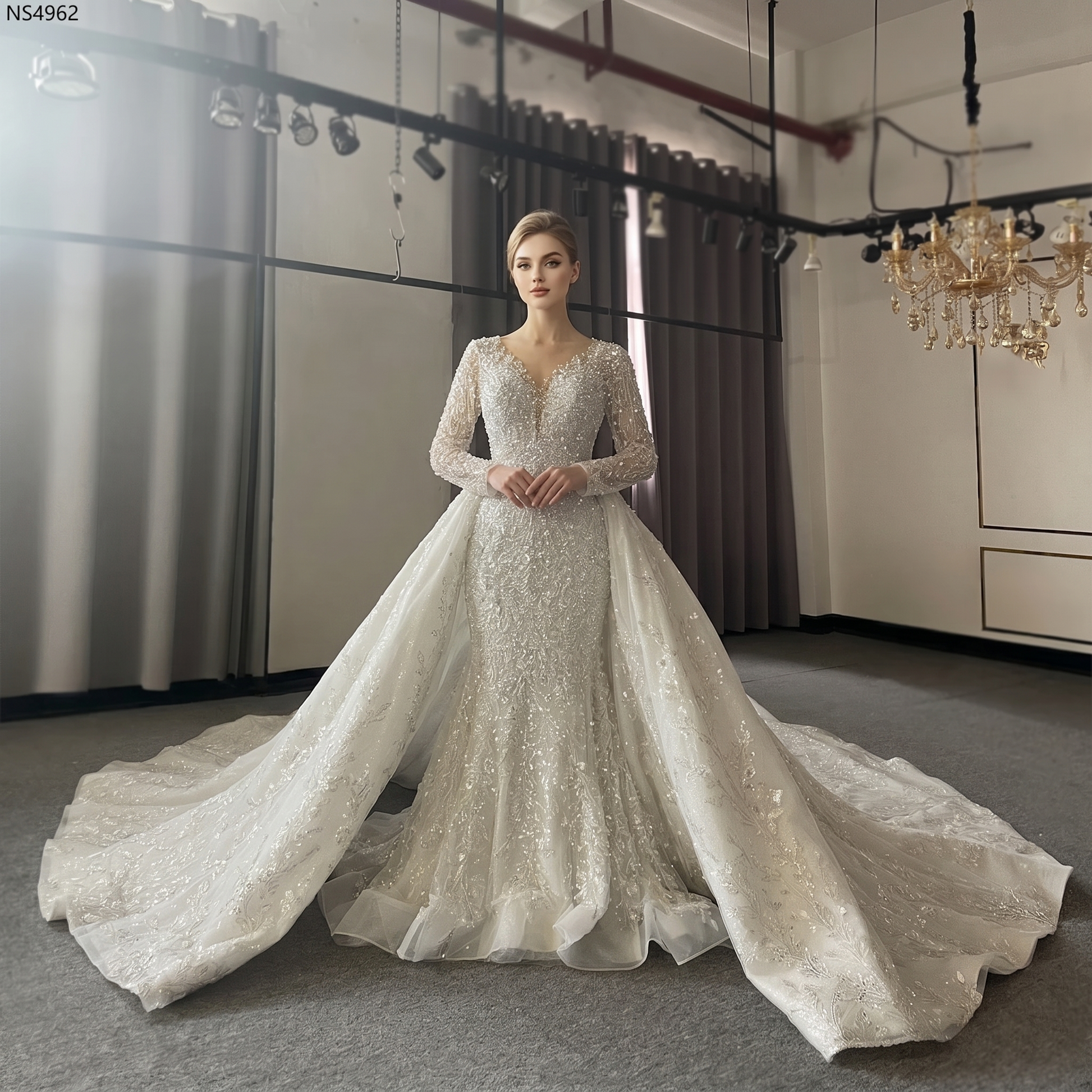 Front view of a model wearing a luxury two-in-one mermaid wedding dress featuring heavy silver beading, long sleeves, a high neckline, and a voluminous detachable overskirt.