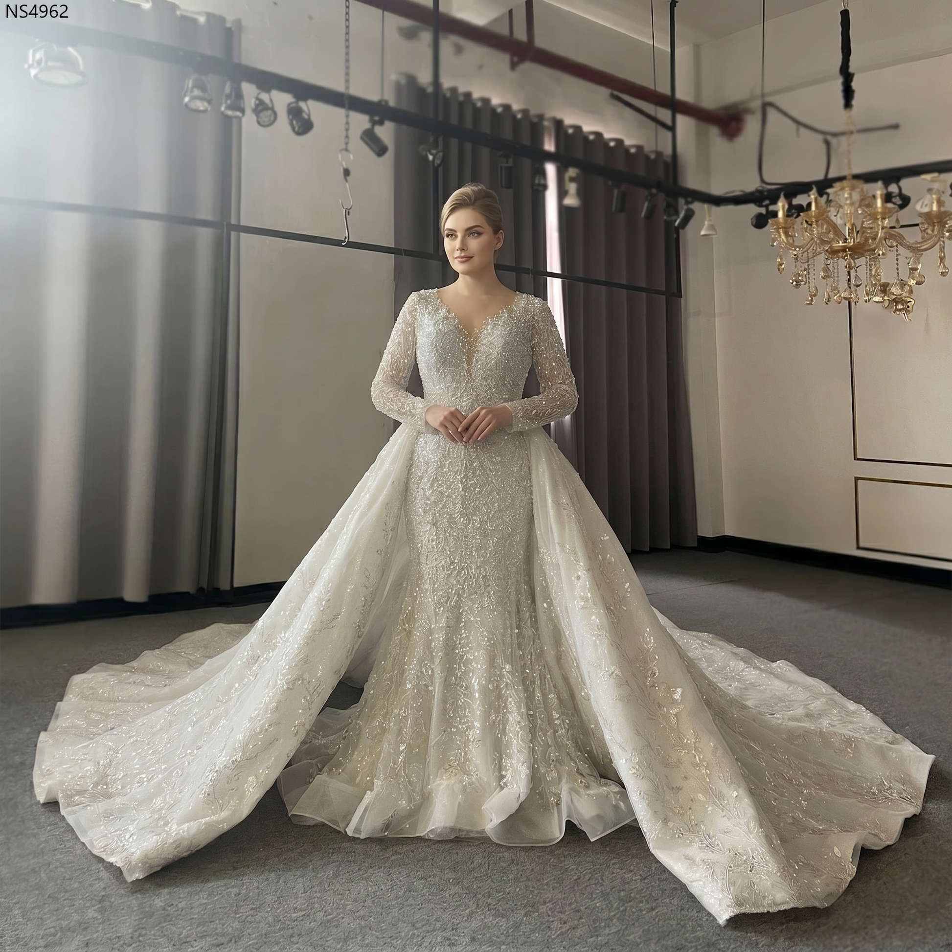 A plus-size model showcasing the two-in-one bridal gown with intricate crystal embellishments and a dramatic detachable train for a versatile wedding day look.