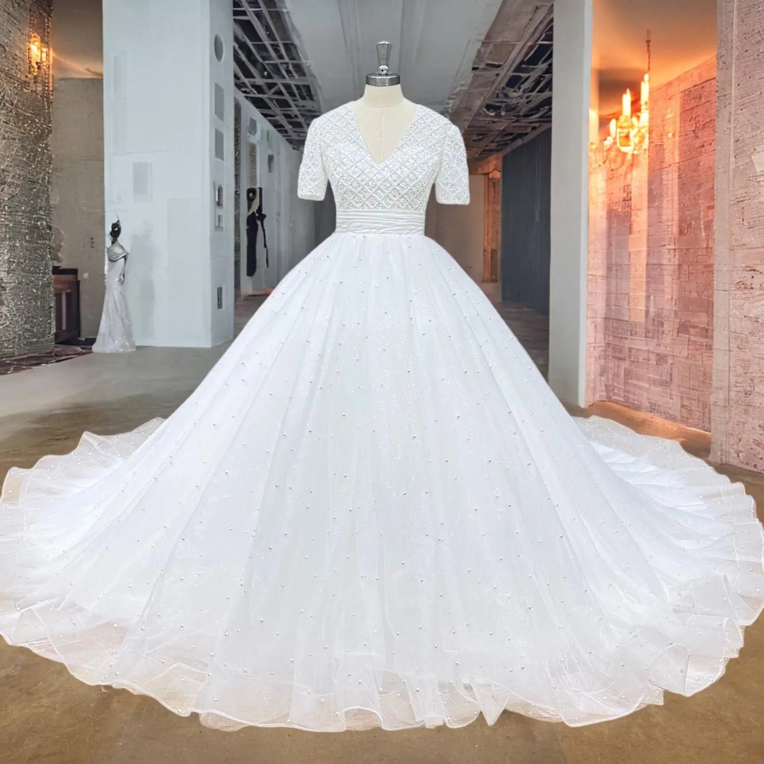  Elegant white V-neck ball gown wedding dress with short sleeves and a pearl-beaded diamond-patterned bodice on a showroom mannequin.