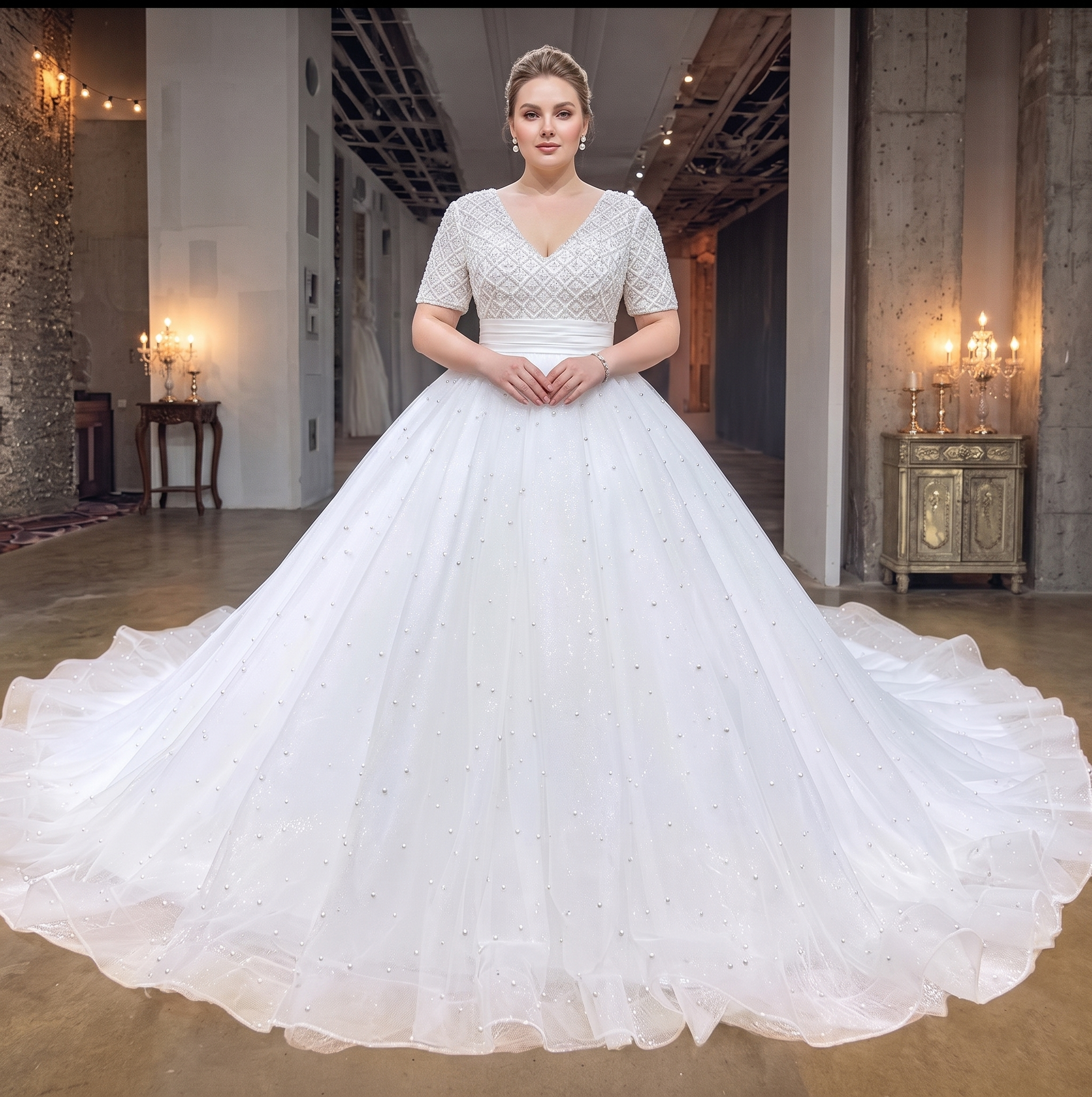 Beautiful plus-size bride modeling a stunning V-neck short sleeve beaded pearl ball gown wedding dress, showcasing a dazzling diamond-grid bodice, pleated waistband, and a sweeping tulle train.