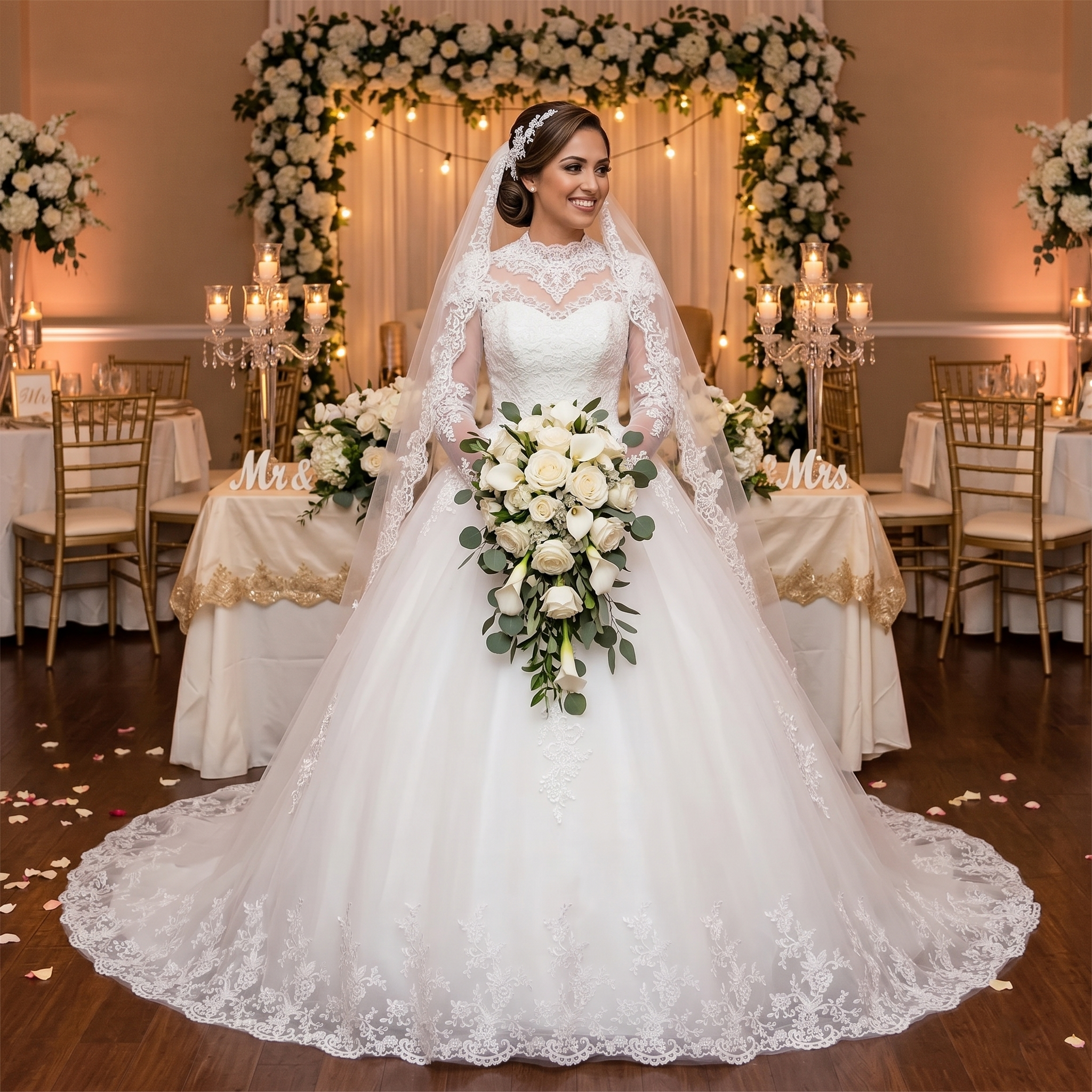 A bride standing in a banquet hall wearing a long-sleeve, V-neck plus size wedding dress with a full skirt and elaborate lace train.