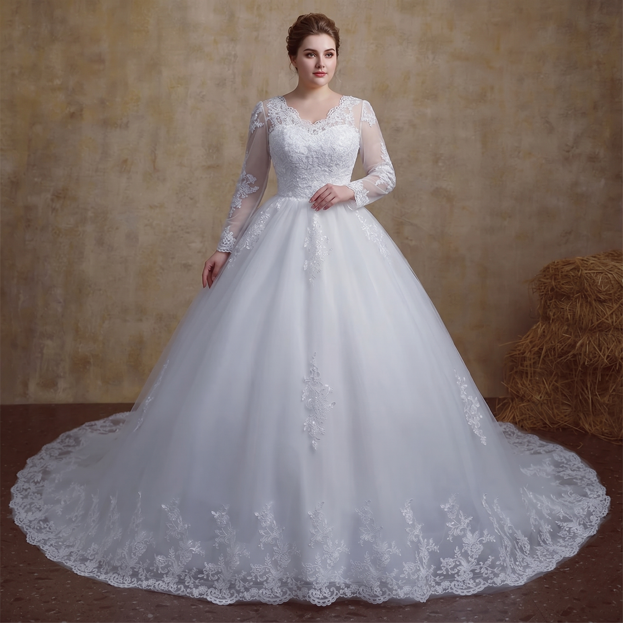 A full-length view of a plus size wedding dress featuring full-length lace sleeves, a V-neckline, and a sweeping train.