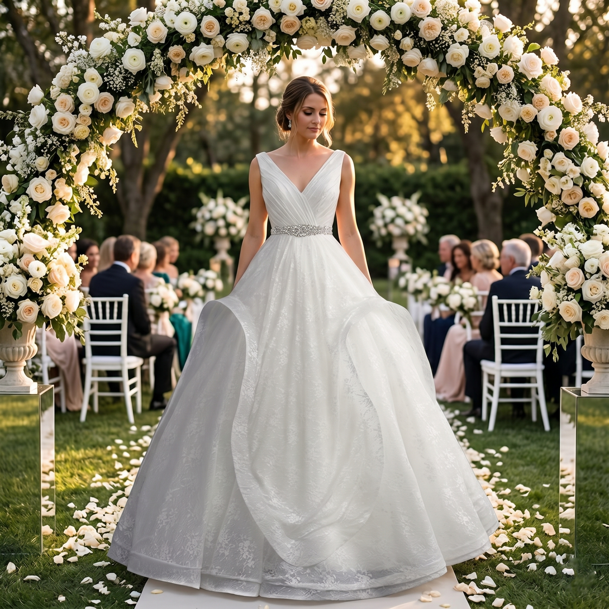 A bride stands under a lush floral archway at an outdoor ceremony, wearing an elegant ivory V-neck wedding dress with a sparkling waist detail.
